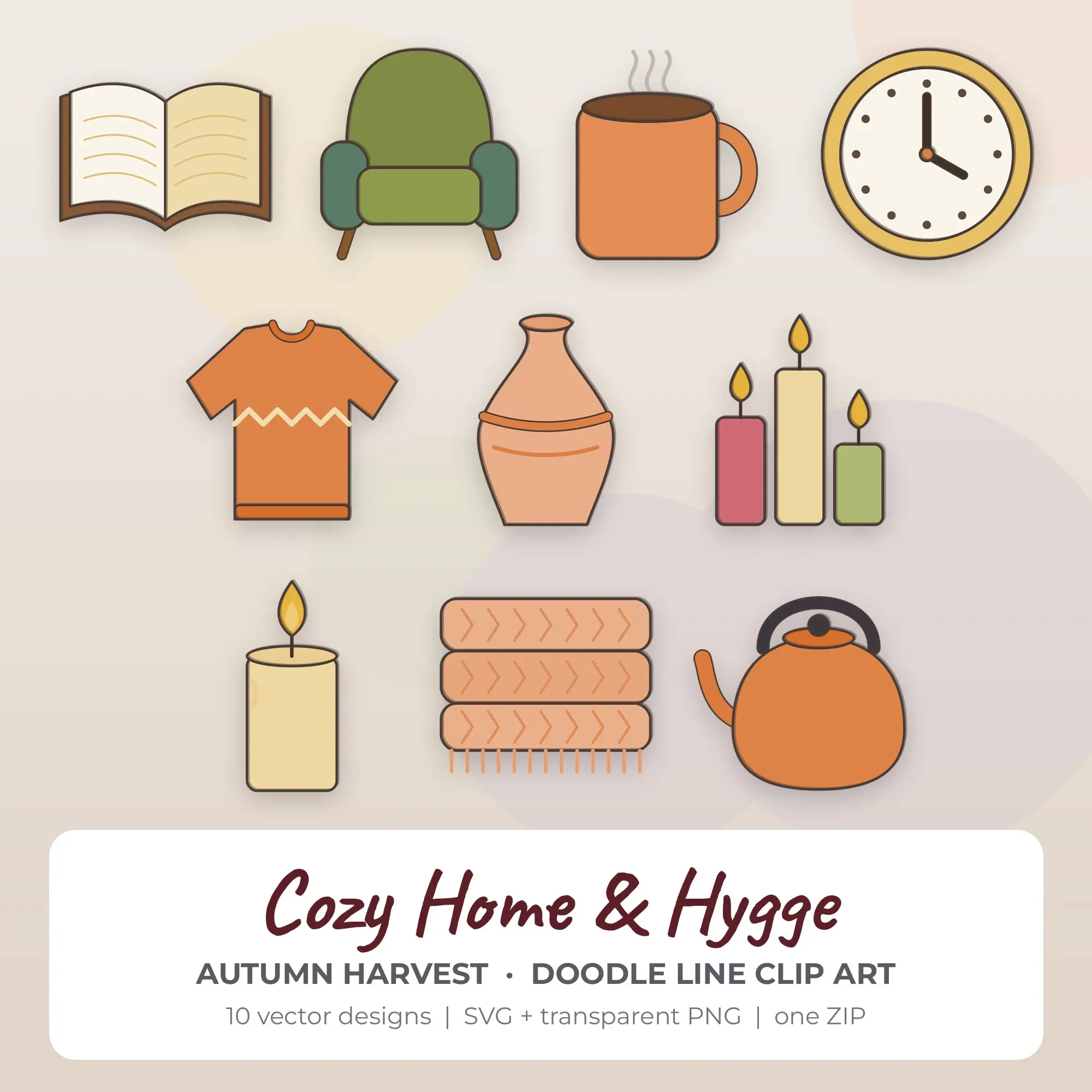 Cozy Home & Hygge Clipart, Autumn Harvest Doodle Line - 10 SVG PNG preview