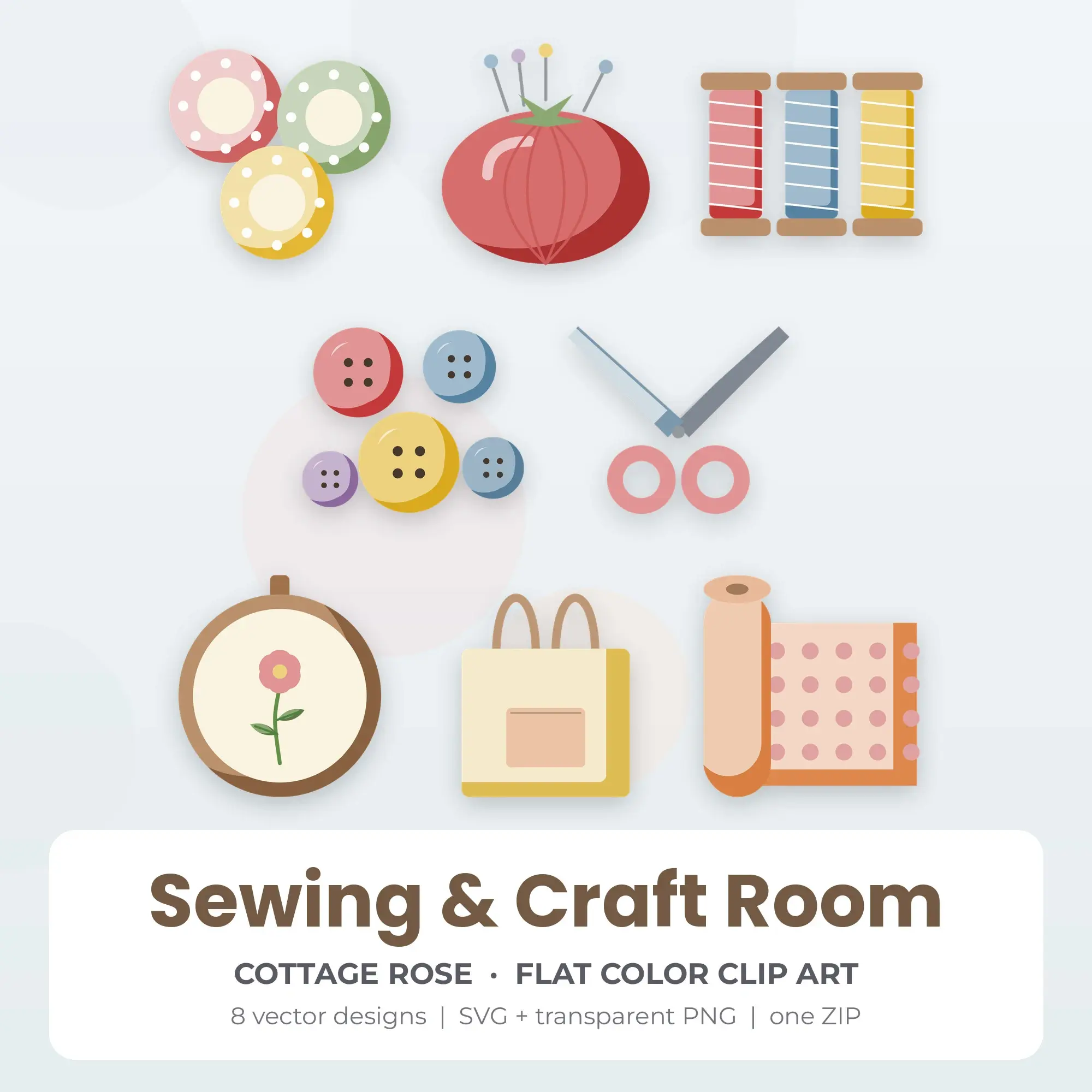 Cottage Rose Flat Color Sewing & Craft Room Clipart - 8 Vector Files preview