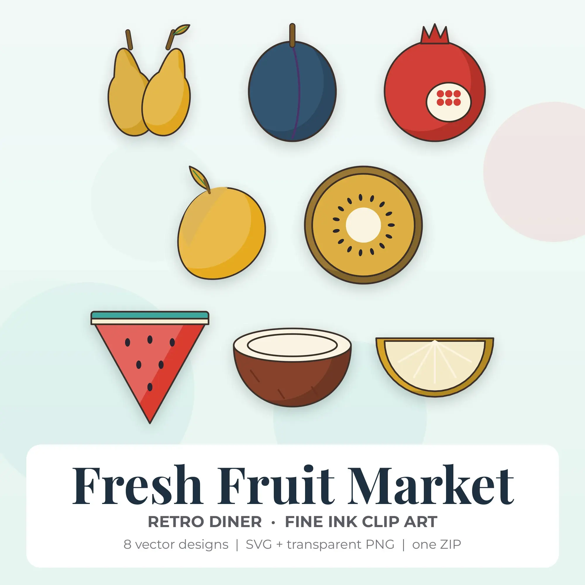 Fine Ink Fresh Fruit Market Clipart Bundle, Retro Diner - 8 PNG SVG preview
