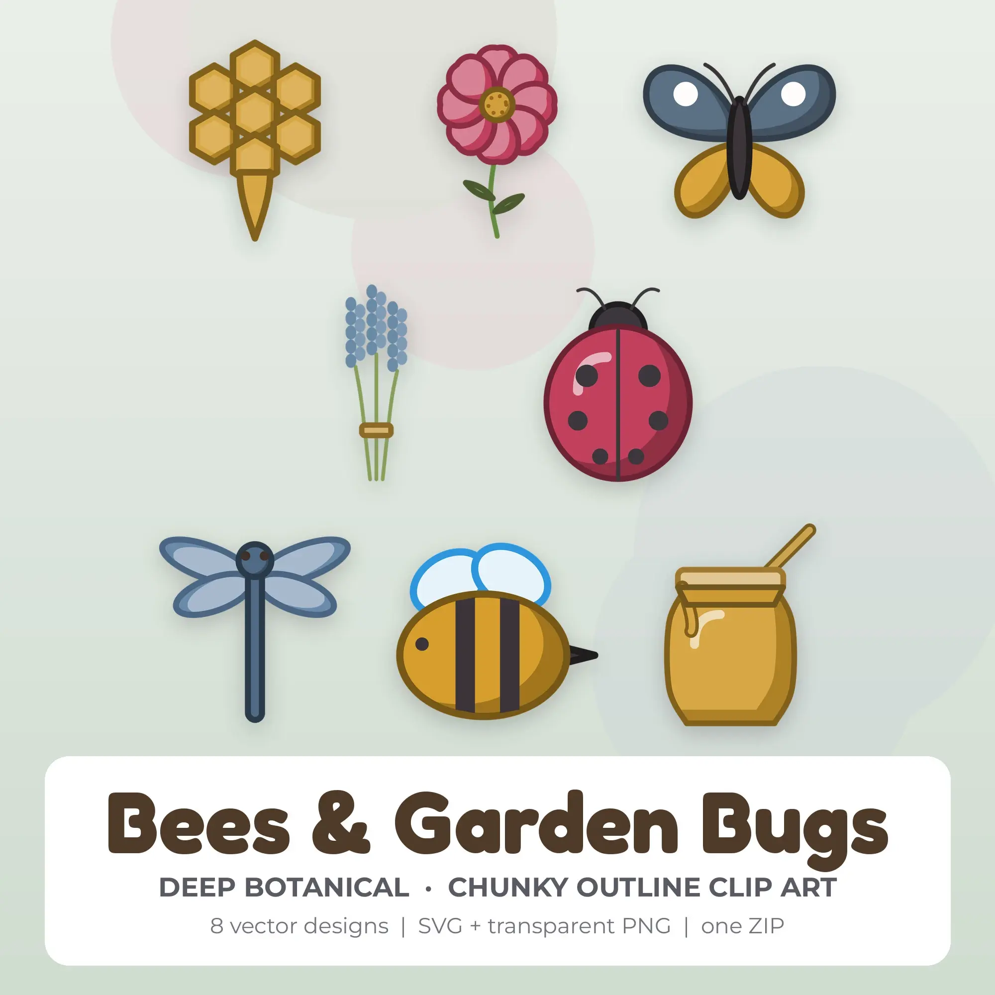 8 Chunky Outline Bees & Garden Bugs Clipart Illustrations, SVG PNG preview