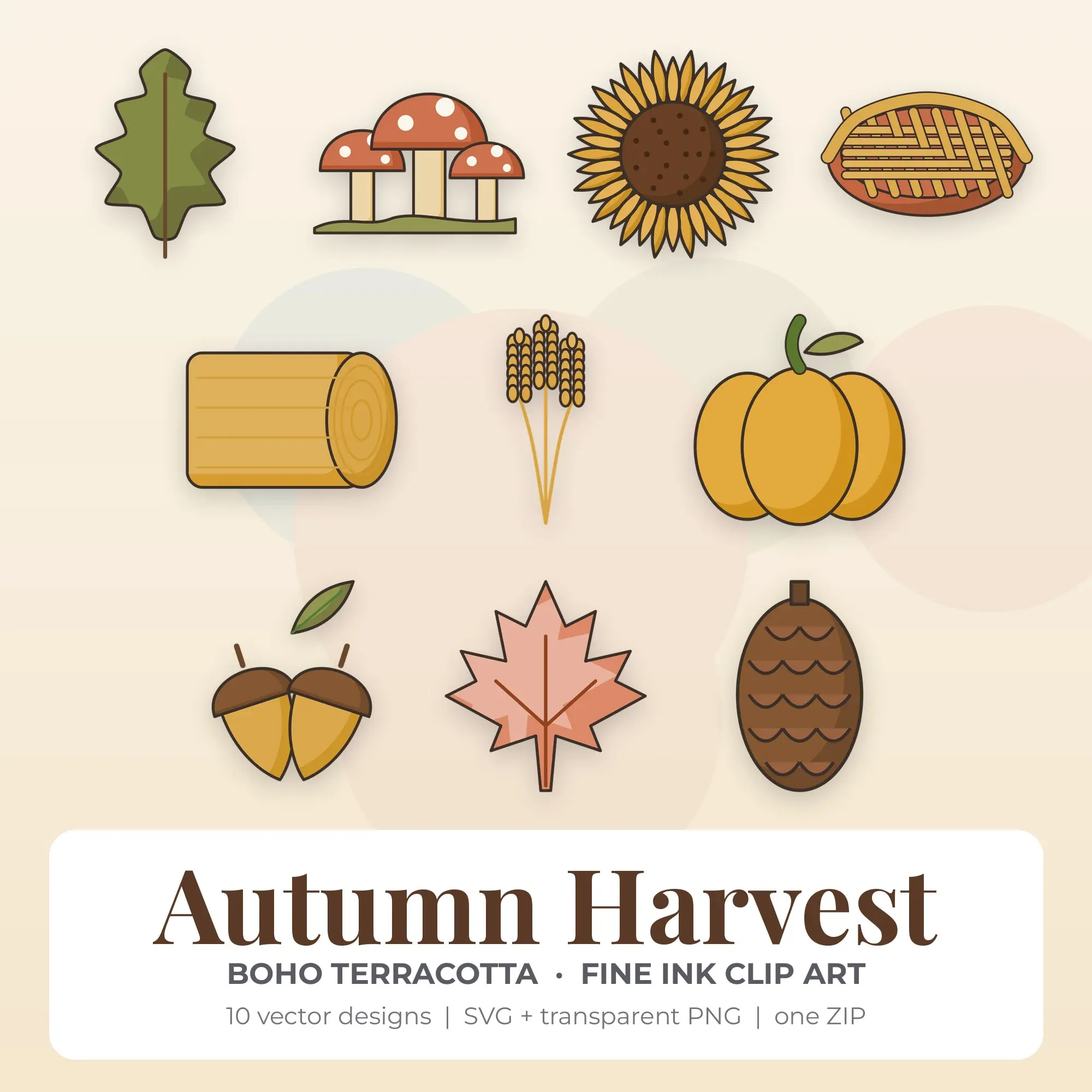 Boho Terracotta Fine Ink Autumn Harvest Clipart - 10 Vector Files preview