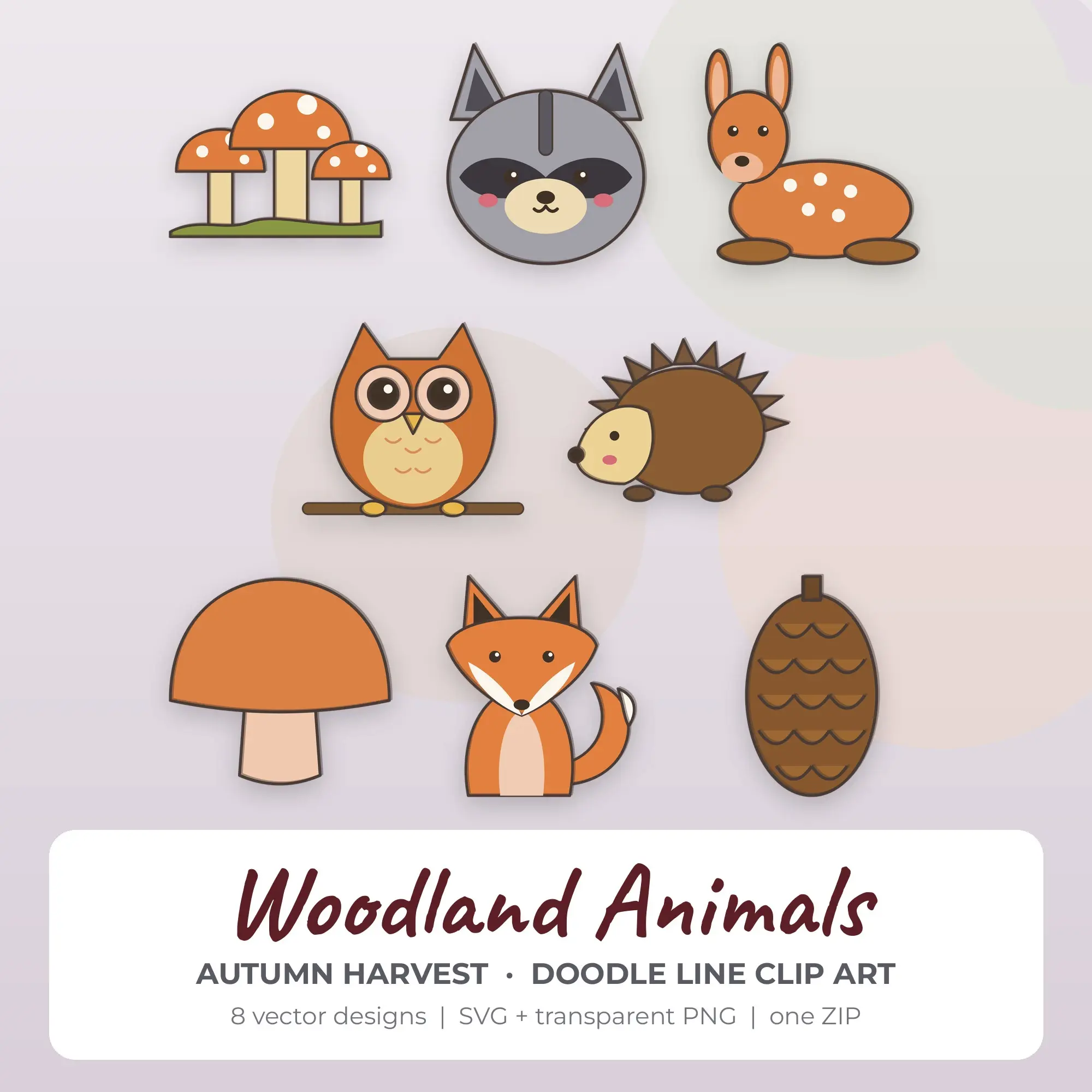 8 Doodle Line Woodland Animals Clipart Illustrations, SVG PNG preview