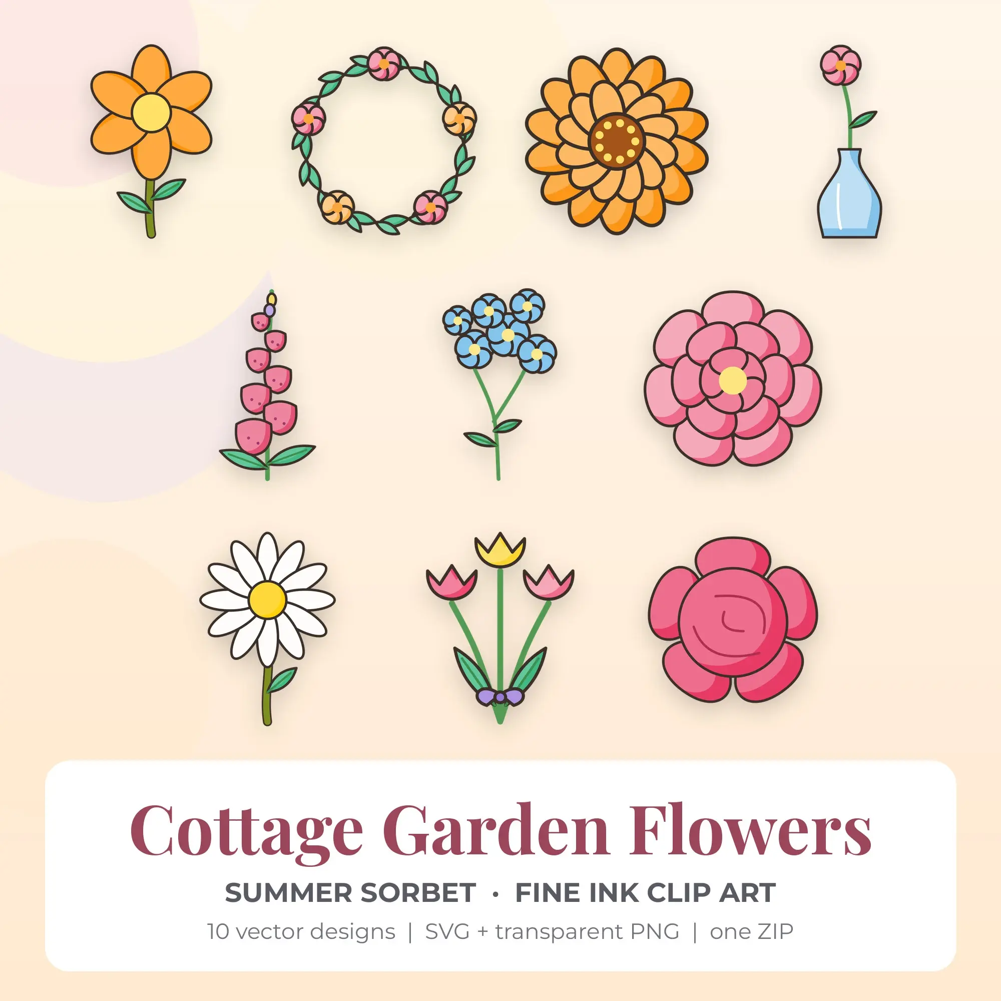 10 Fine Ink Cottage Garden Flowers Clipart Illustrations, SVG PNG preview