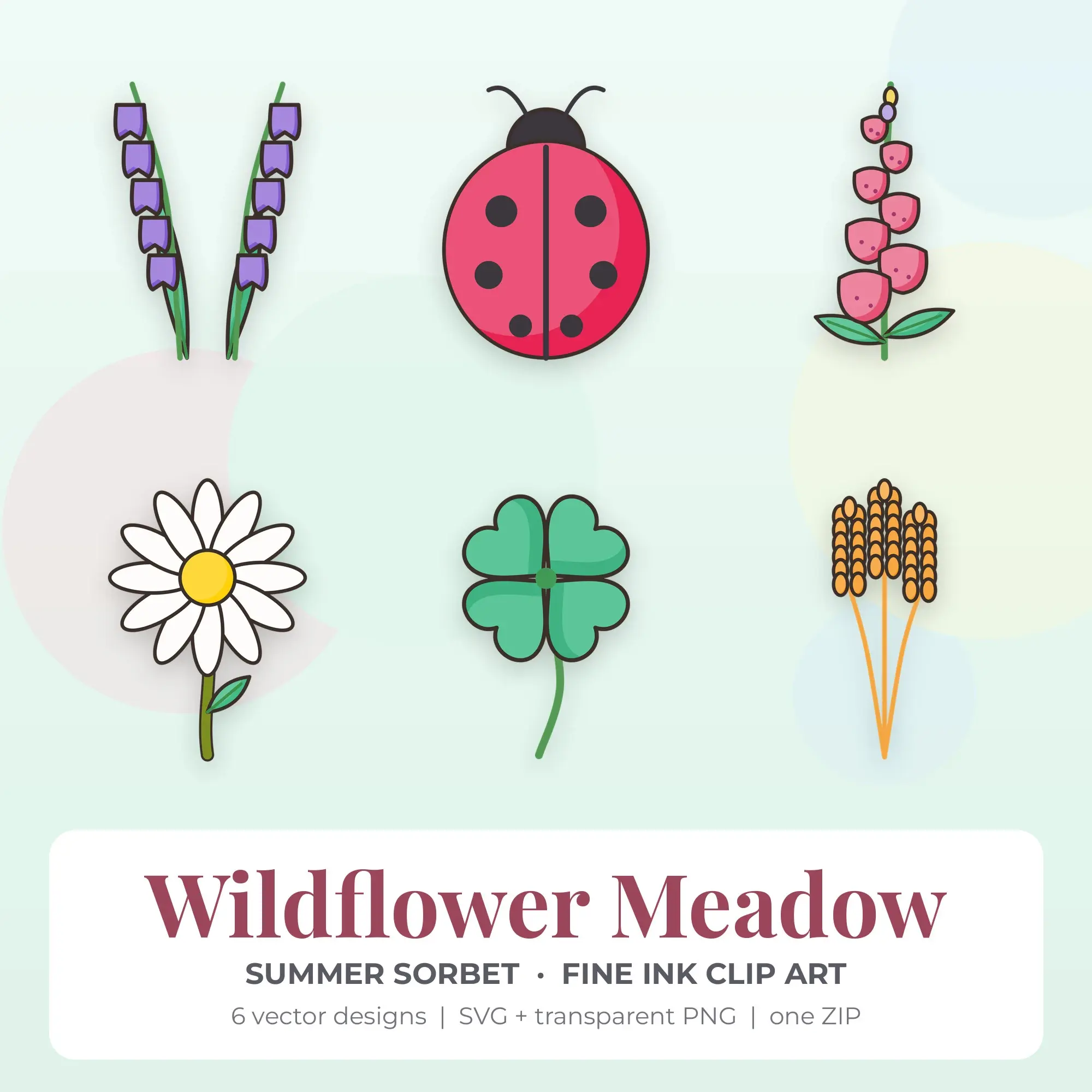 Summer Sorbet Wildflower Meadow Clip Art Set - 6 Vector SVG PNG preview