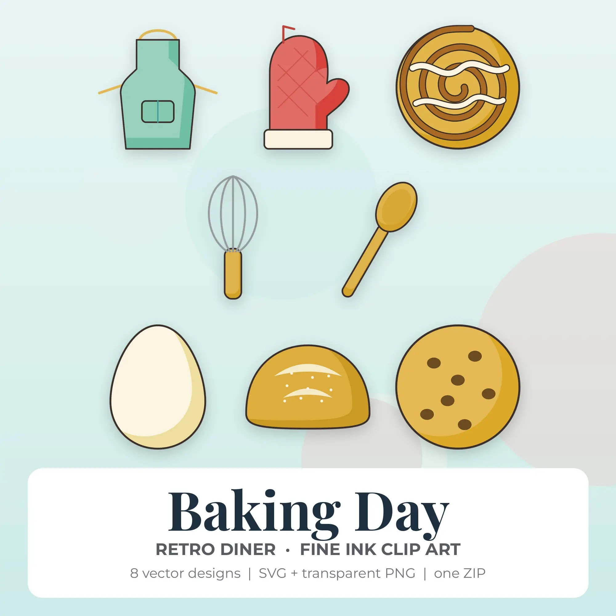 Fine Ink Baking Day Clipart Bundle, Retro Diner - 8 PNG SVG preview