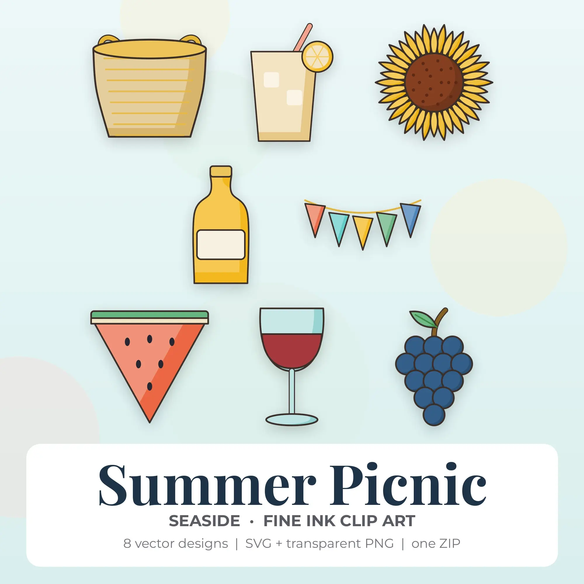 8 Fine Ink Summer Picnic Clipart Illustrations, SVG PNG, preview 1 of 2