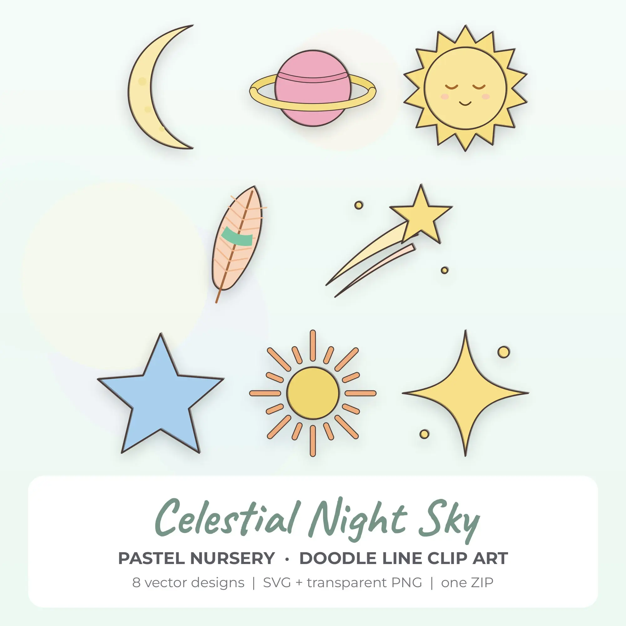 Pastel Nursery Celestial Night Sky Clip Art Set - 8 Vector SVG PNG preview
