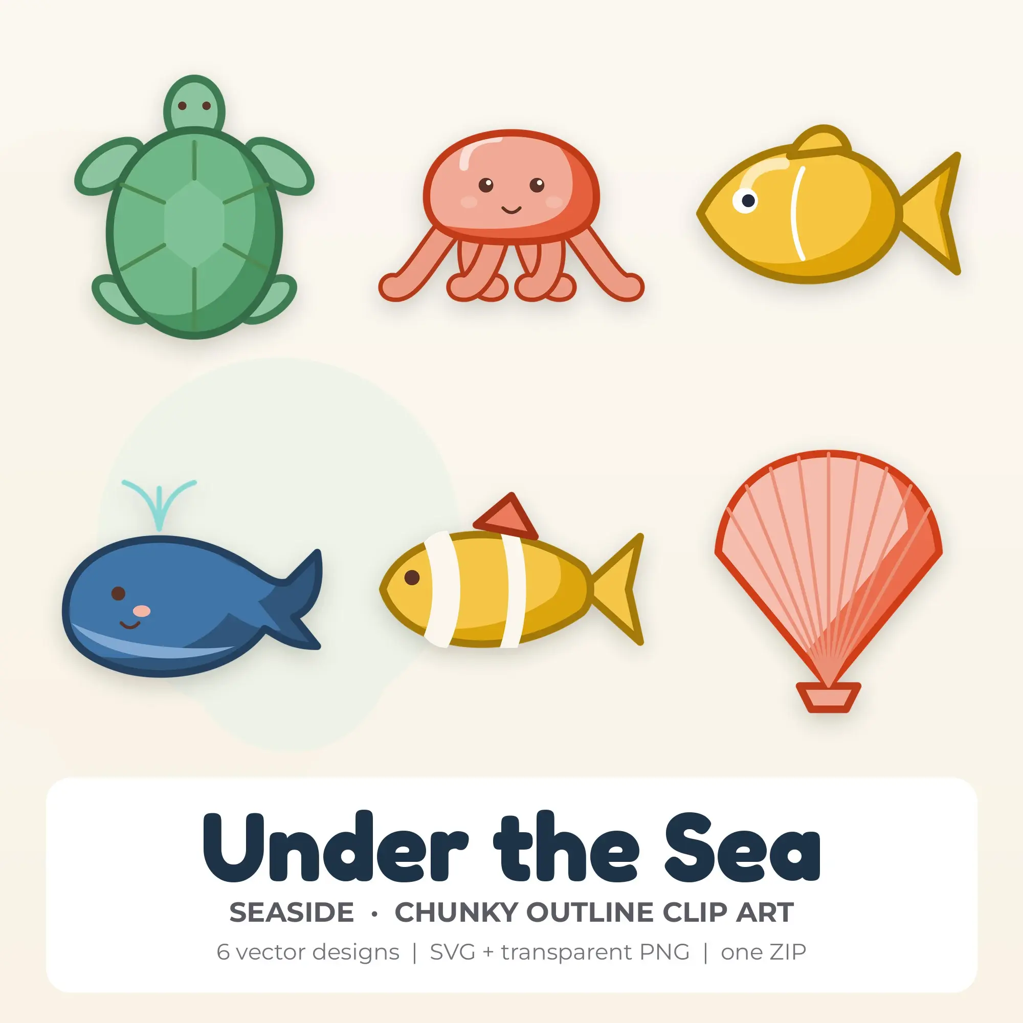 Chunky Outline Under the Sea Clipart Bundle, Seaside - 6 PNG SVG preview