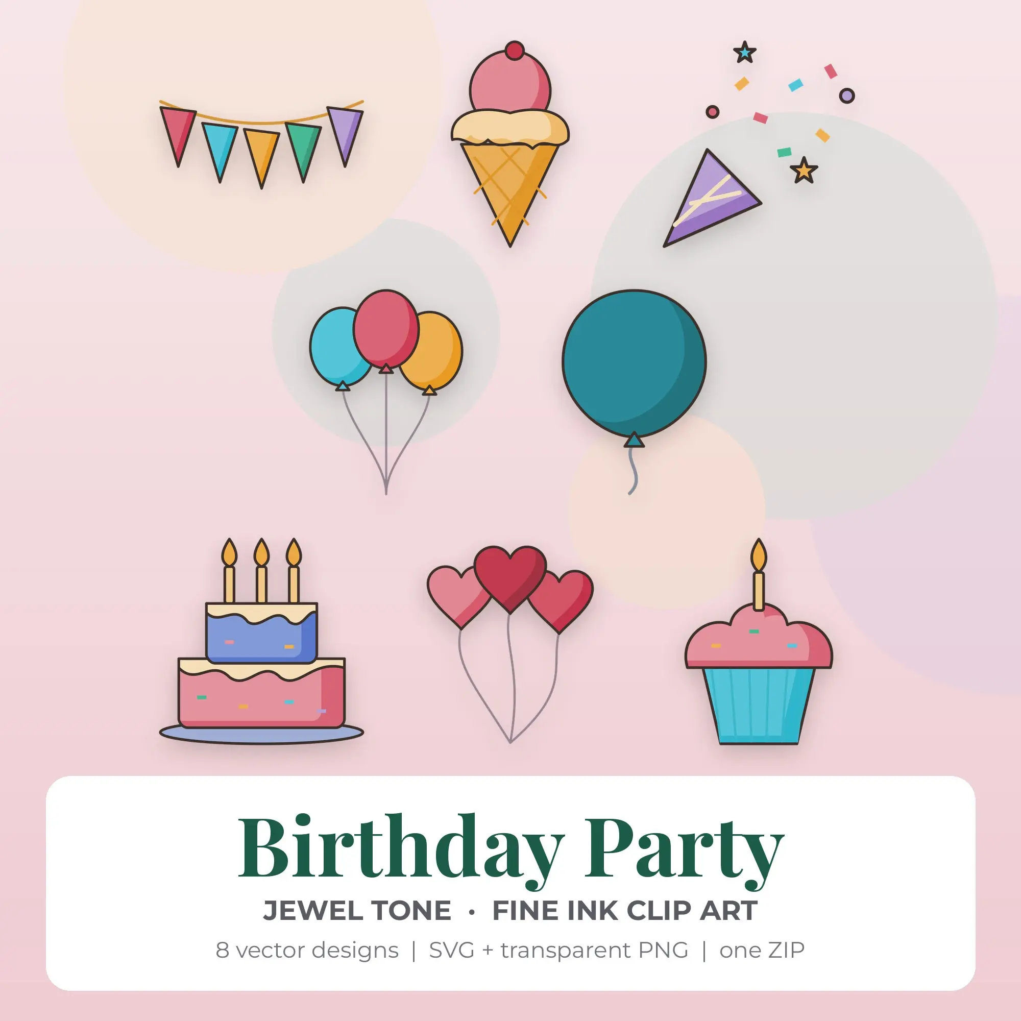 Jewel Tone Birthday Party Clip Art Set - 8 Vector SVG PNG preview