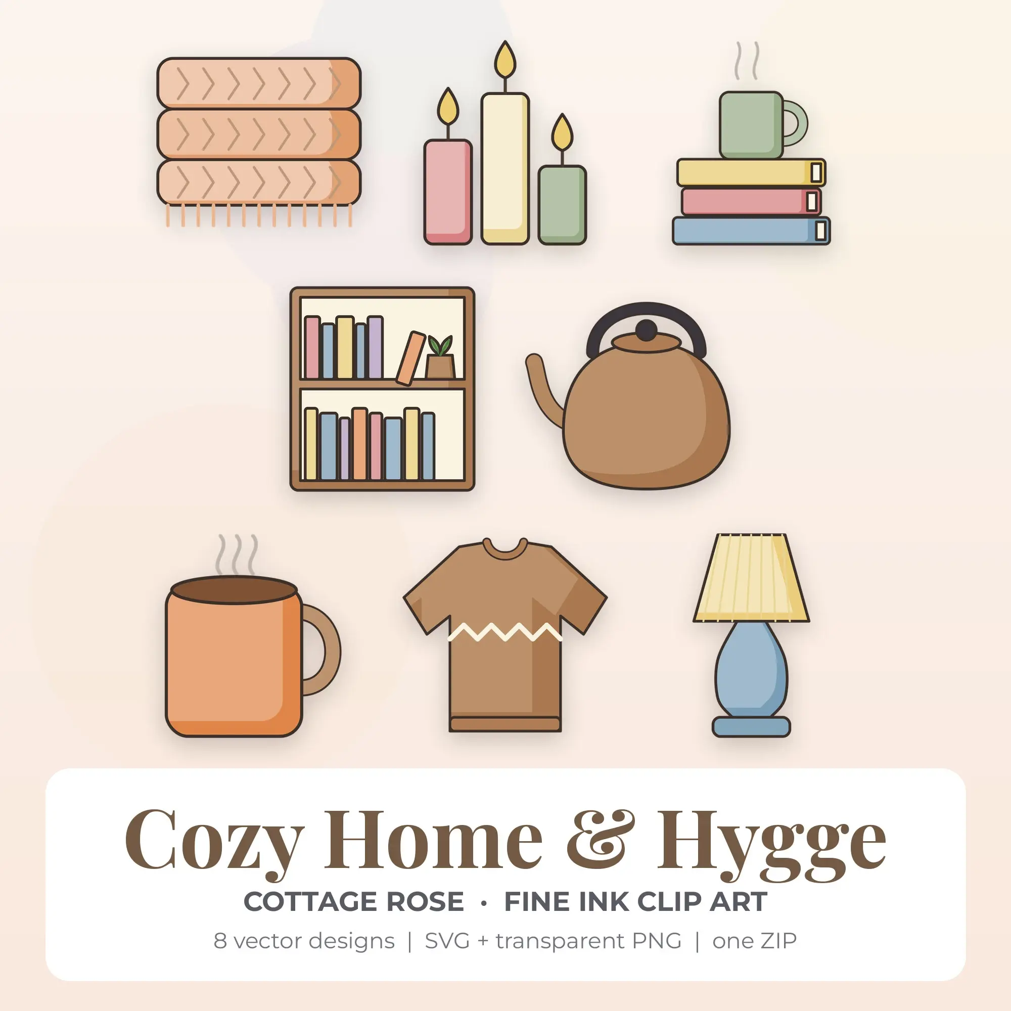 Cottage Rose Cozy Home & Hygge Clip Art Set - 8 Vector SVG PNG preview