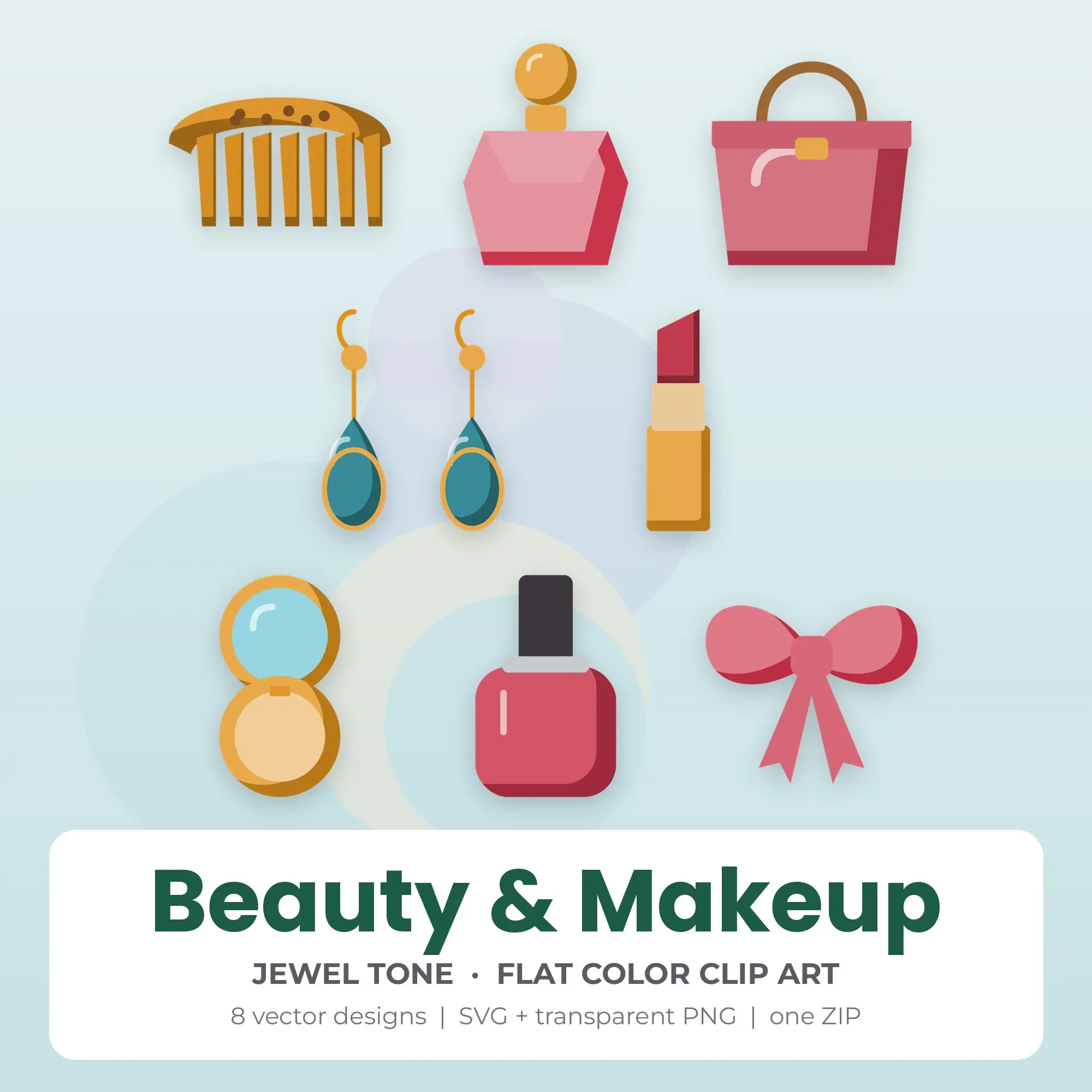 Flat Color Beauty & Makeup Clipart Bundle, Jewel Tone - 8 PNG SVG preview