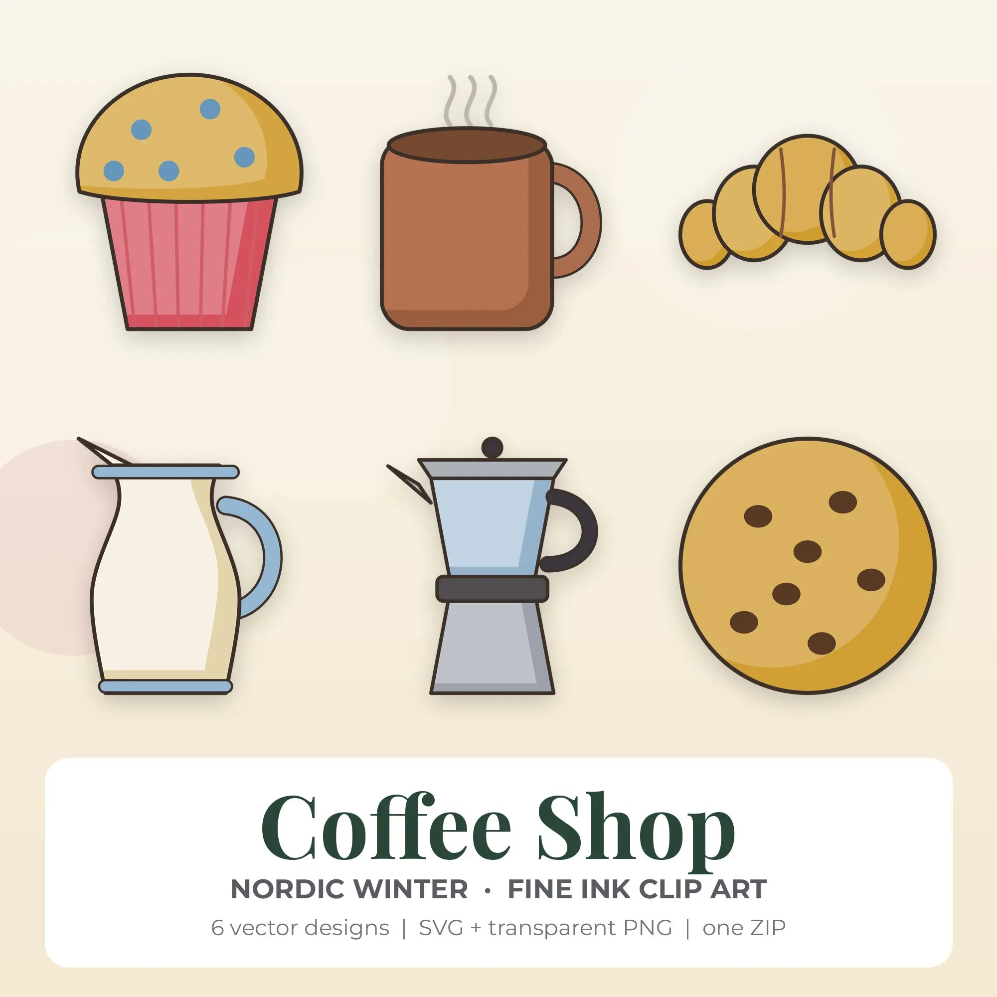 Nordic Winter Fine Ink Coffee Shop Clipart - 6 Vector Files, preview 1 of 2