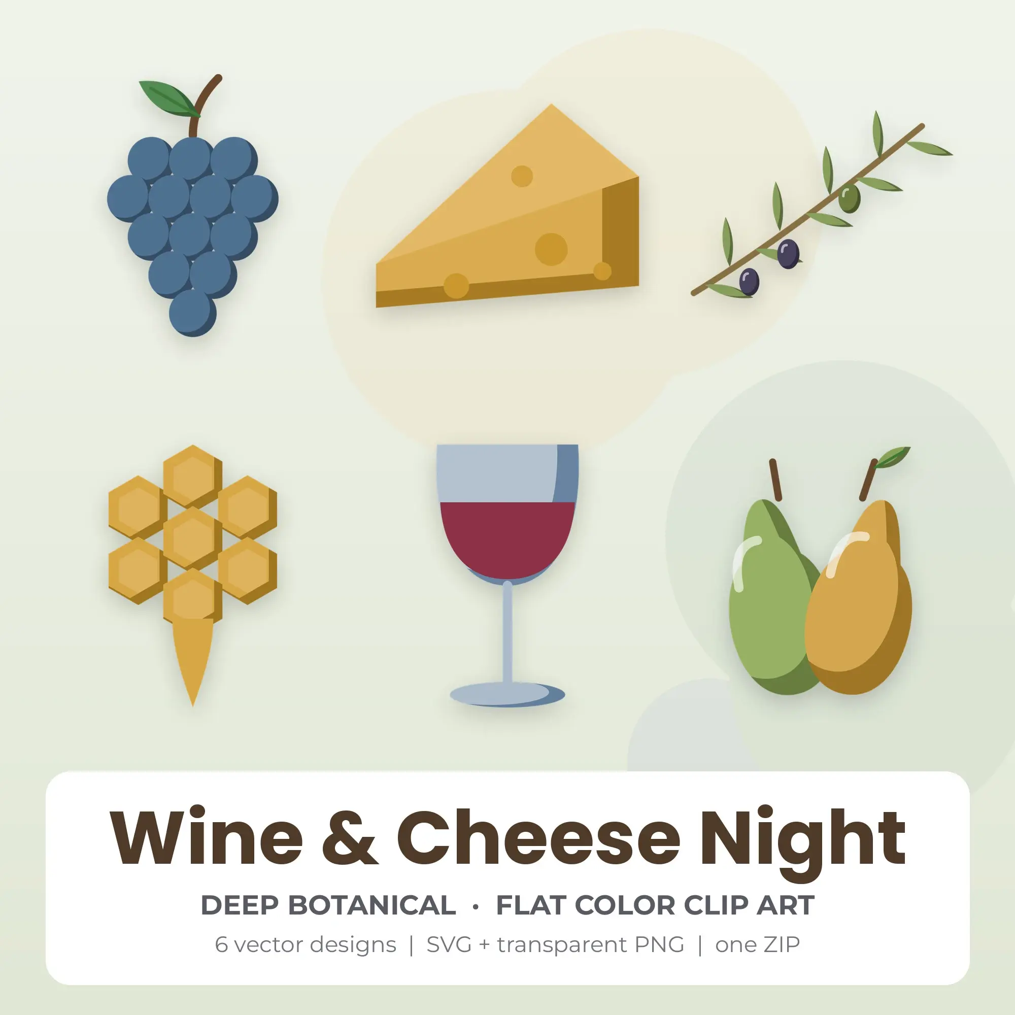 Wine & Cheese Night Clipart, Deep Botanical Flat Color - 6 SVG PNG preview