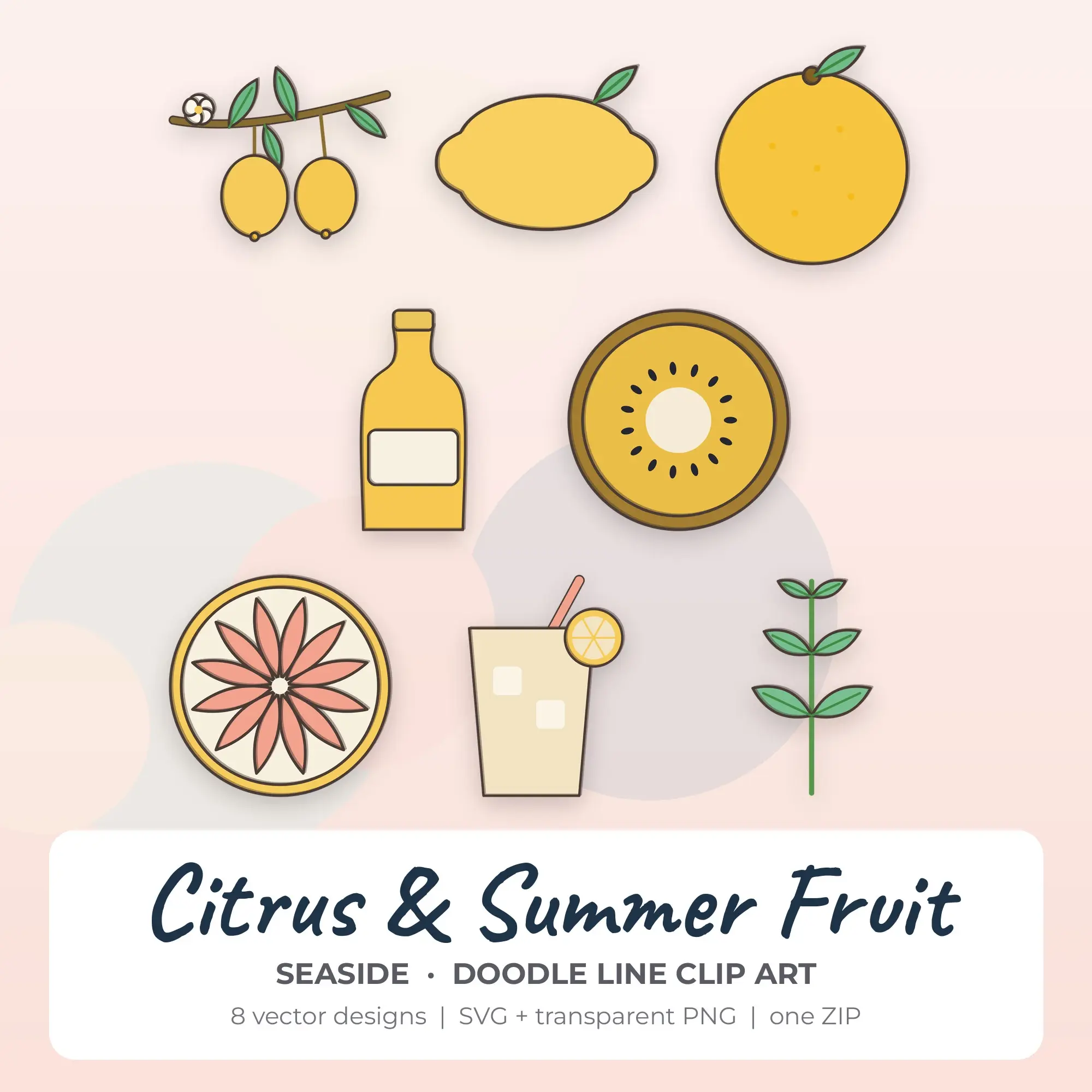 Citrus & Summer Fruit SVG Clipart Pack, Doodle Line Style - 8 Designs preview