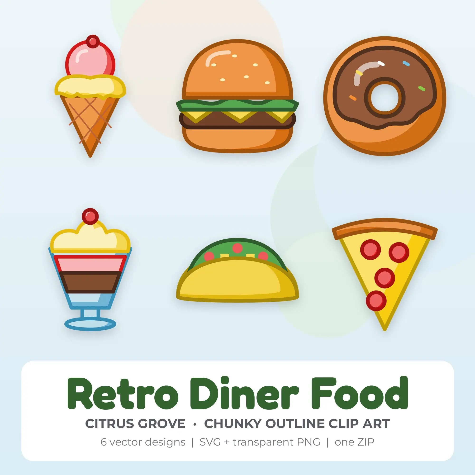Citrus Grove Chunky Outline Retro Diner Food Clipart - 6 Vector Files preview