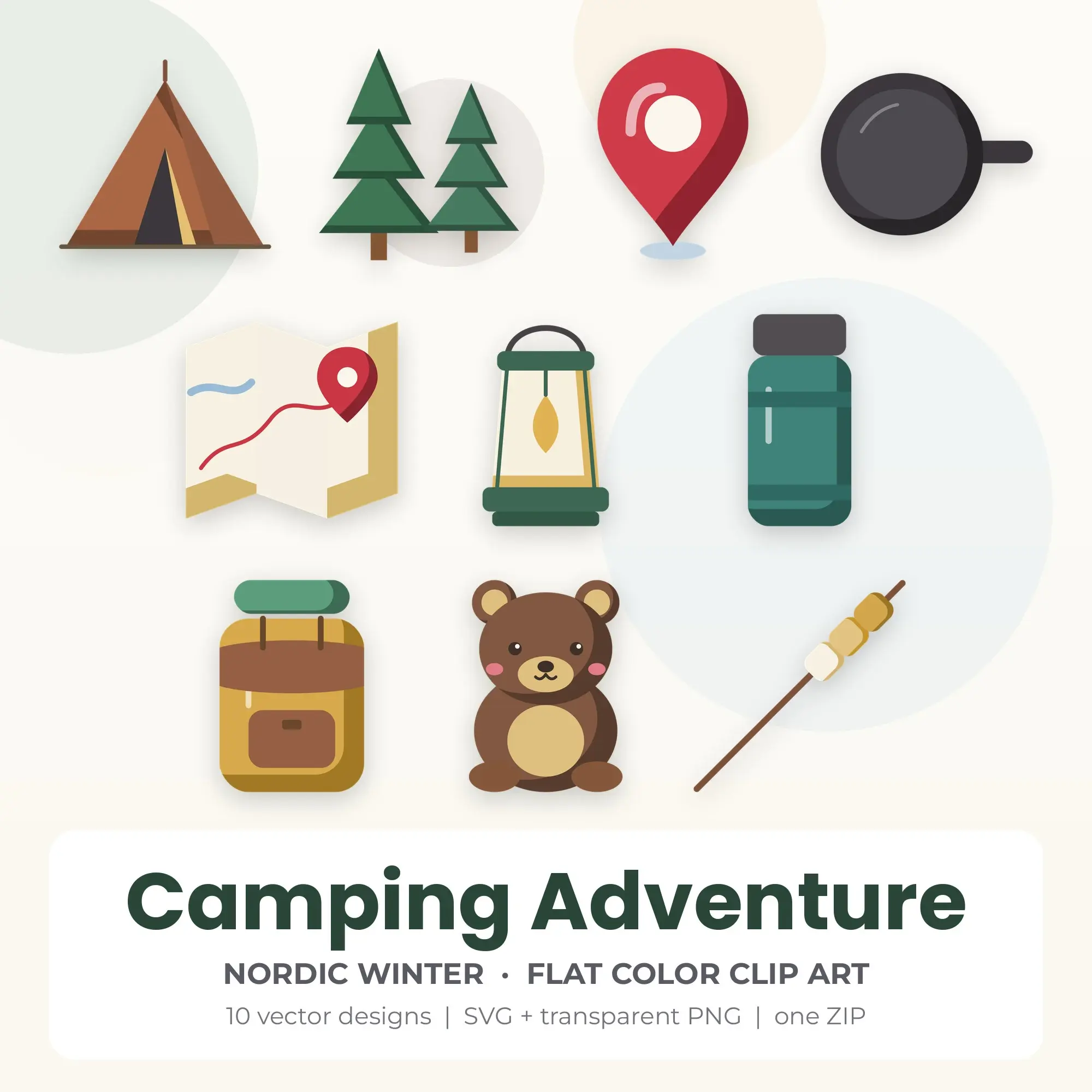 Nordic Winter Flat Color Camping Adventure Clipart - 10 Vector Files preview