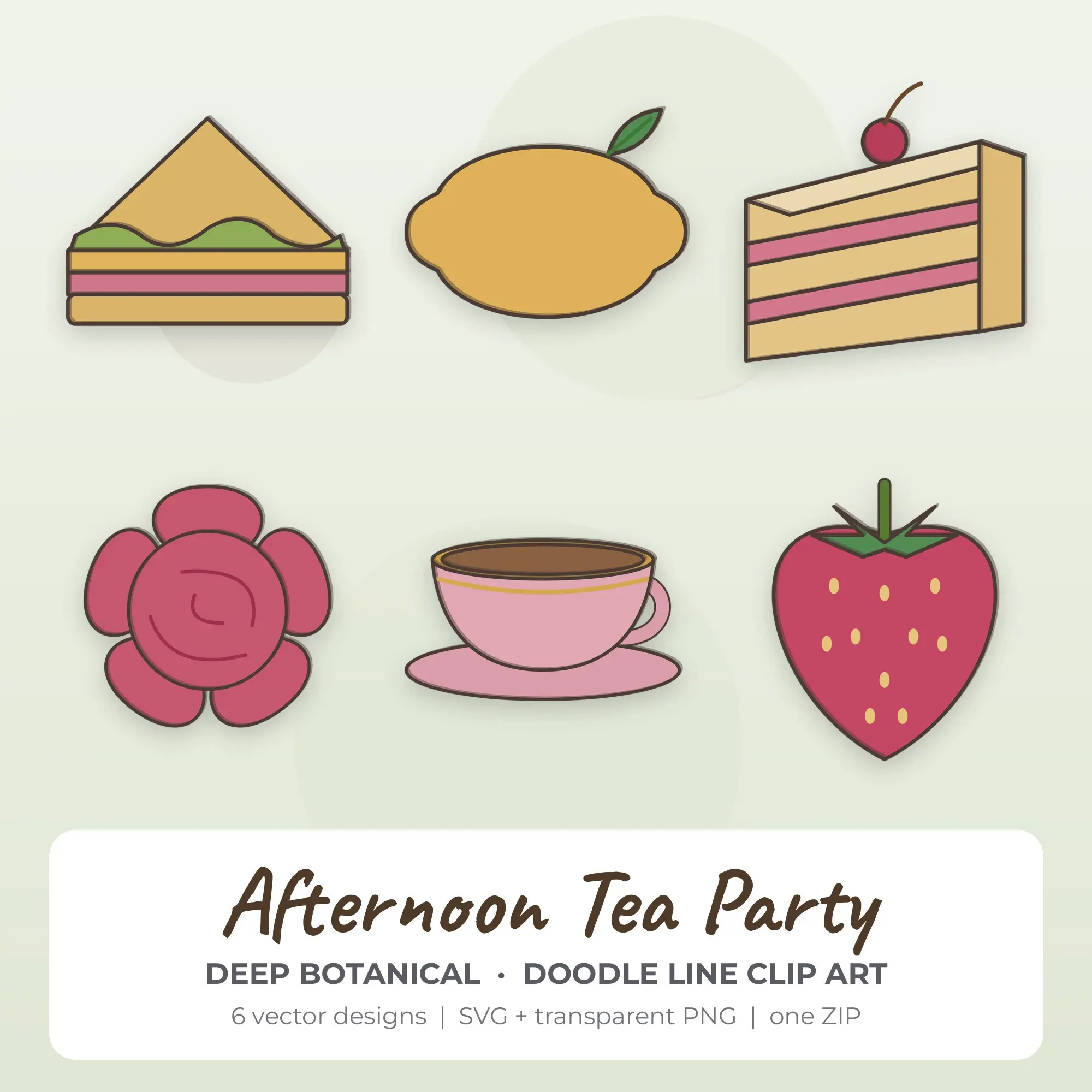 6 Doodle Line Afternoon Tea Party Clipart Illustrations, SVG PNG preview