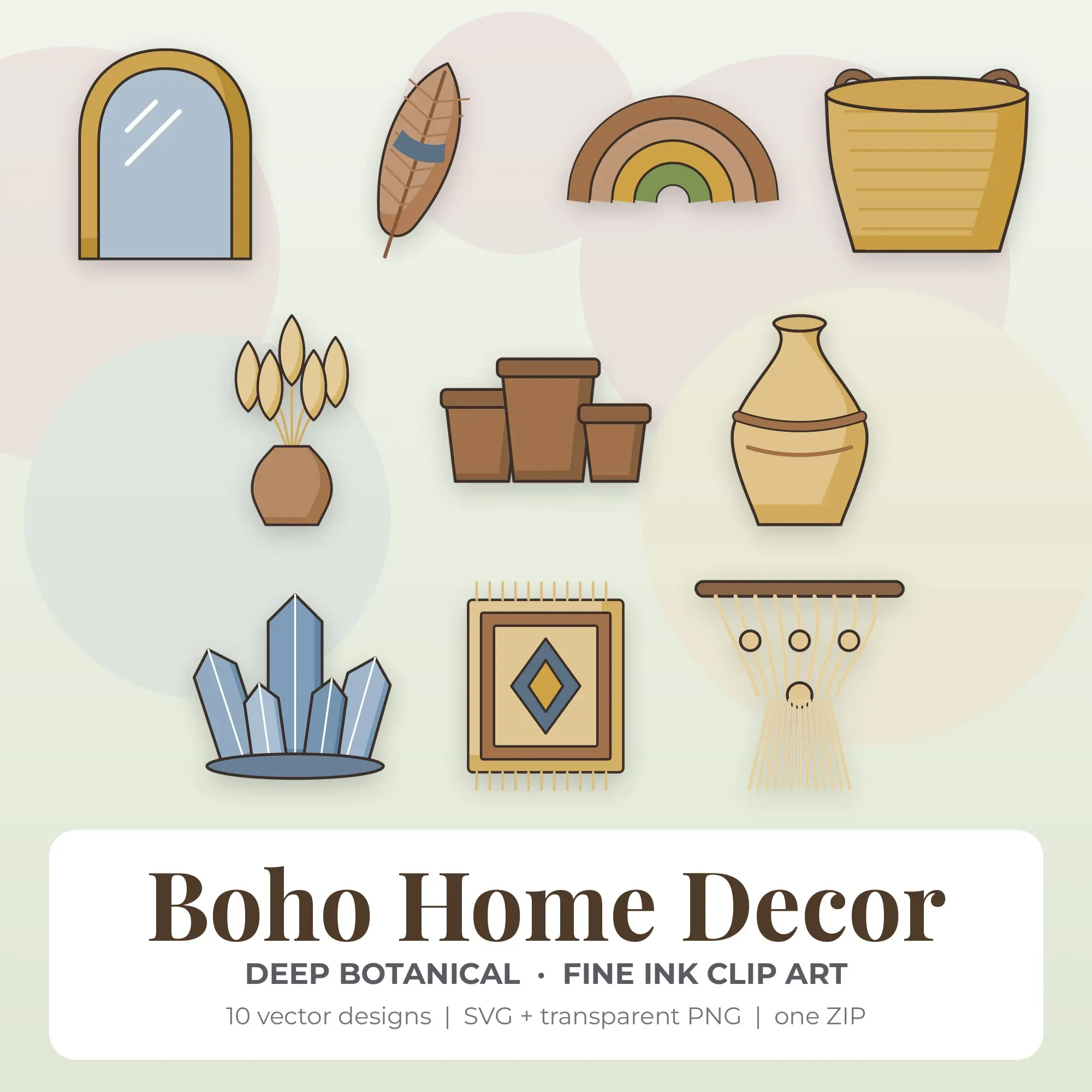Deep Botanical Boho Home Decor Clip Art Set - 10 Vector SVG PNG preview