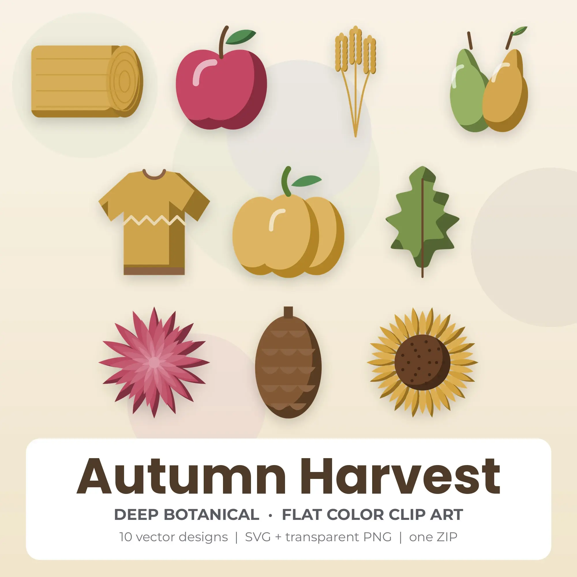 Flat Color Autumn Harvest Clipart Bundle, Deep Botanical - 10 PNG SVG preview
