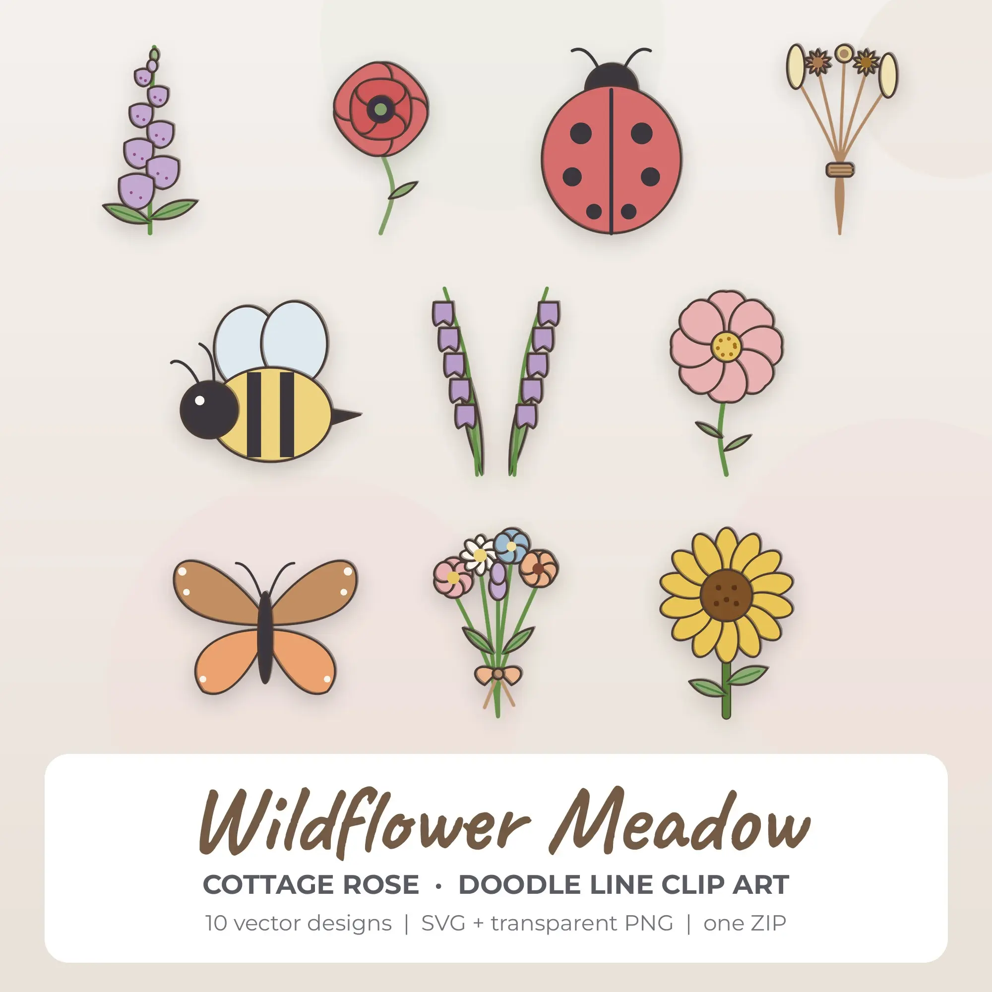 Wildflower Meadow SVG Clipart Pack, Doodle Line Style - 10 Designs preview