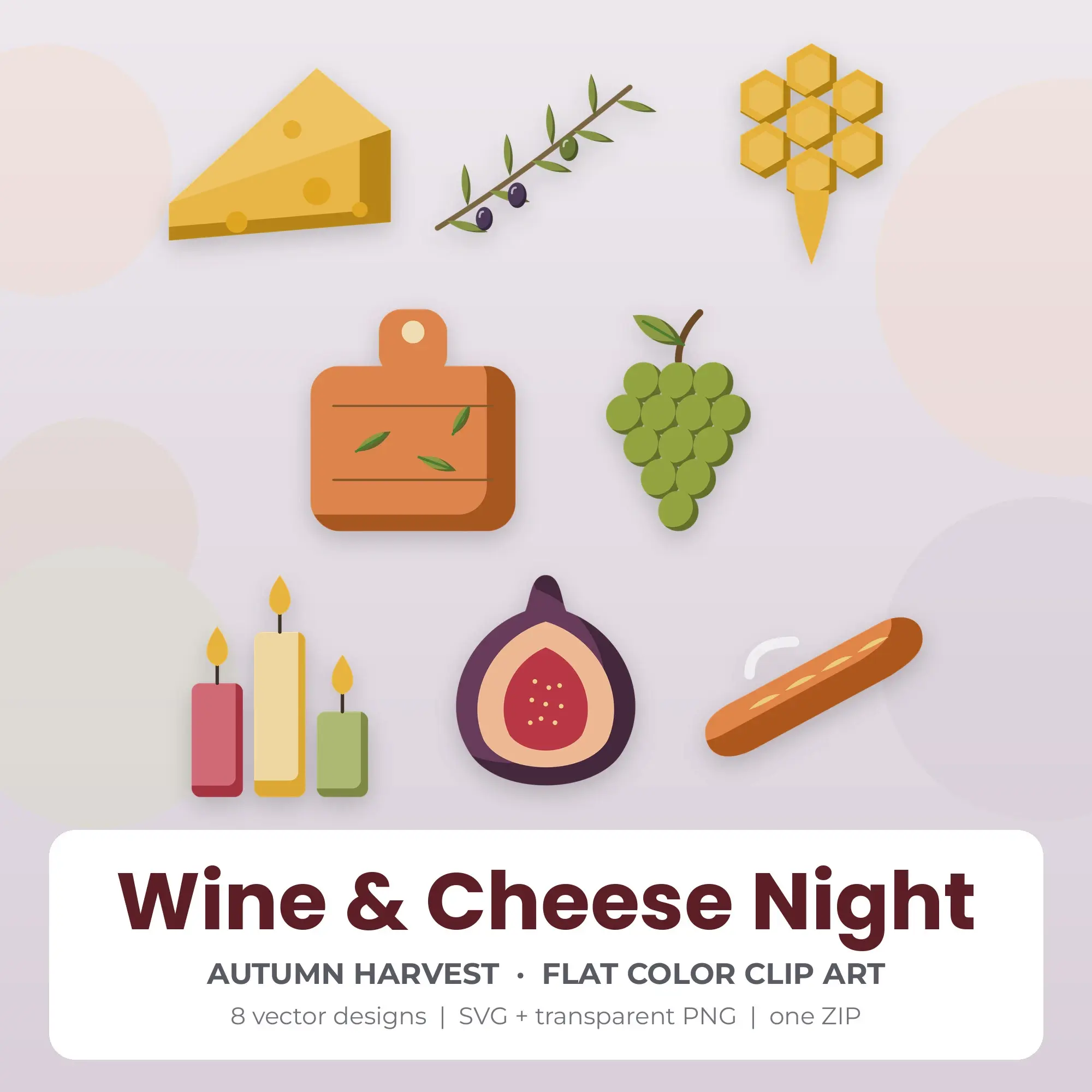 Wine & Cheese Night SVG Clipart Pack, Flat Color Style - 8 Designs preview