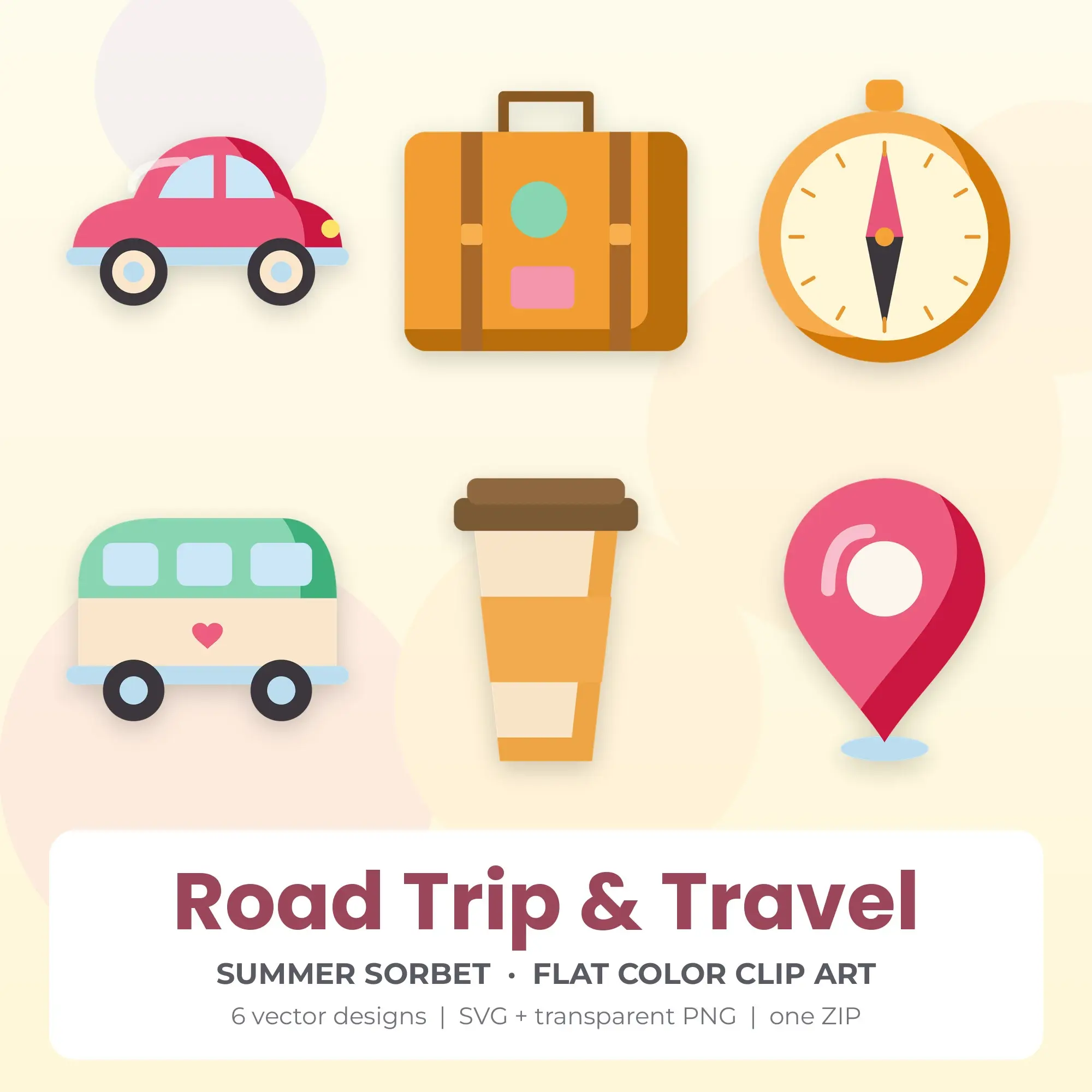 Road Trip & Travel Clipart, Summer Sorbet Flat Color - 6 SVG PNG preview