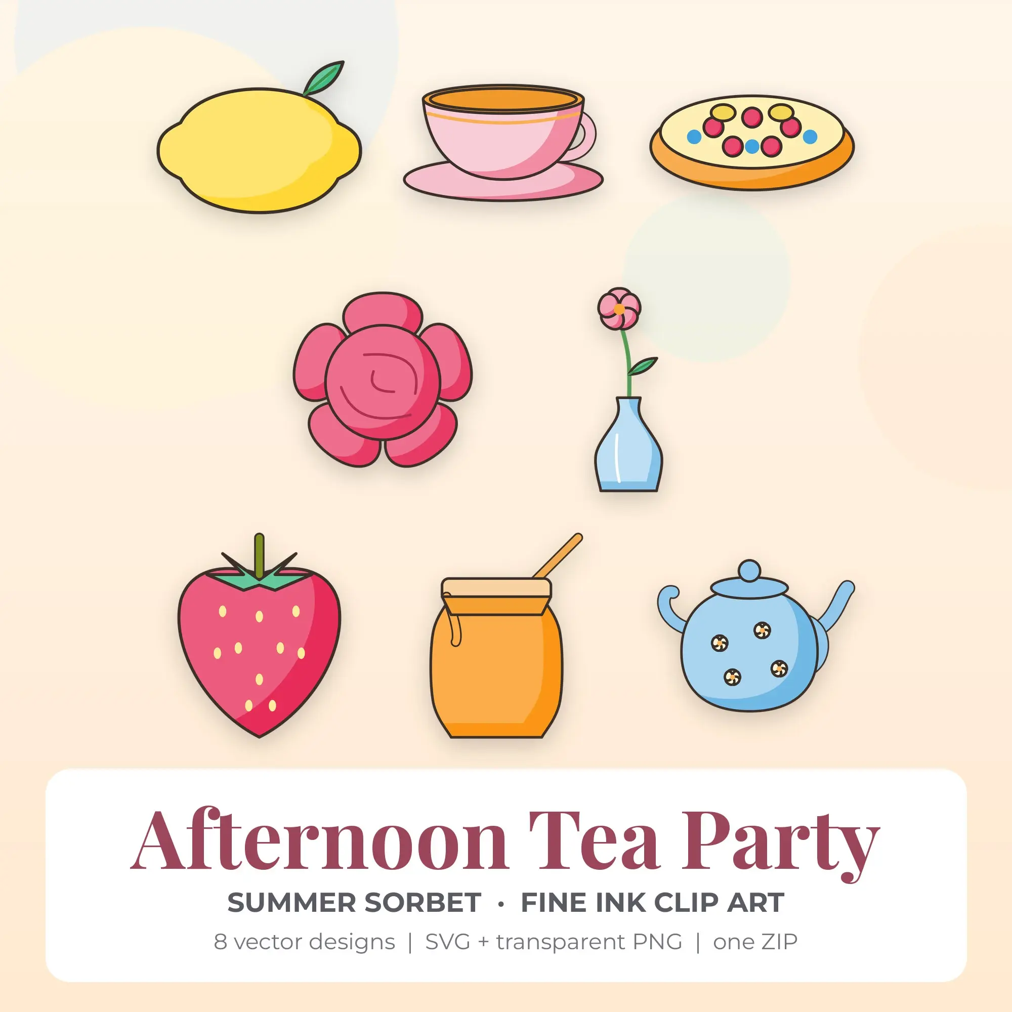 Afternoon Tea Party Vector Clip Art in Summer Sorbet - 8 Designs preview