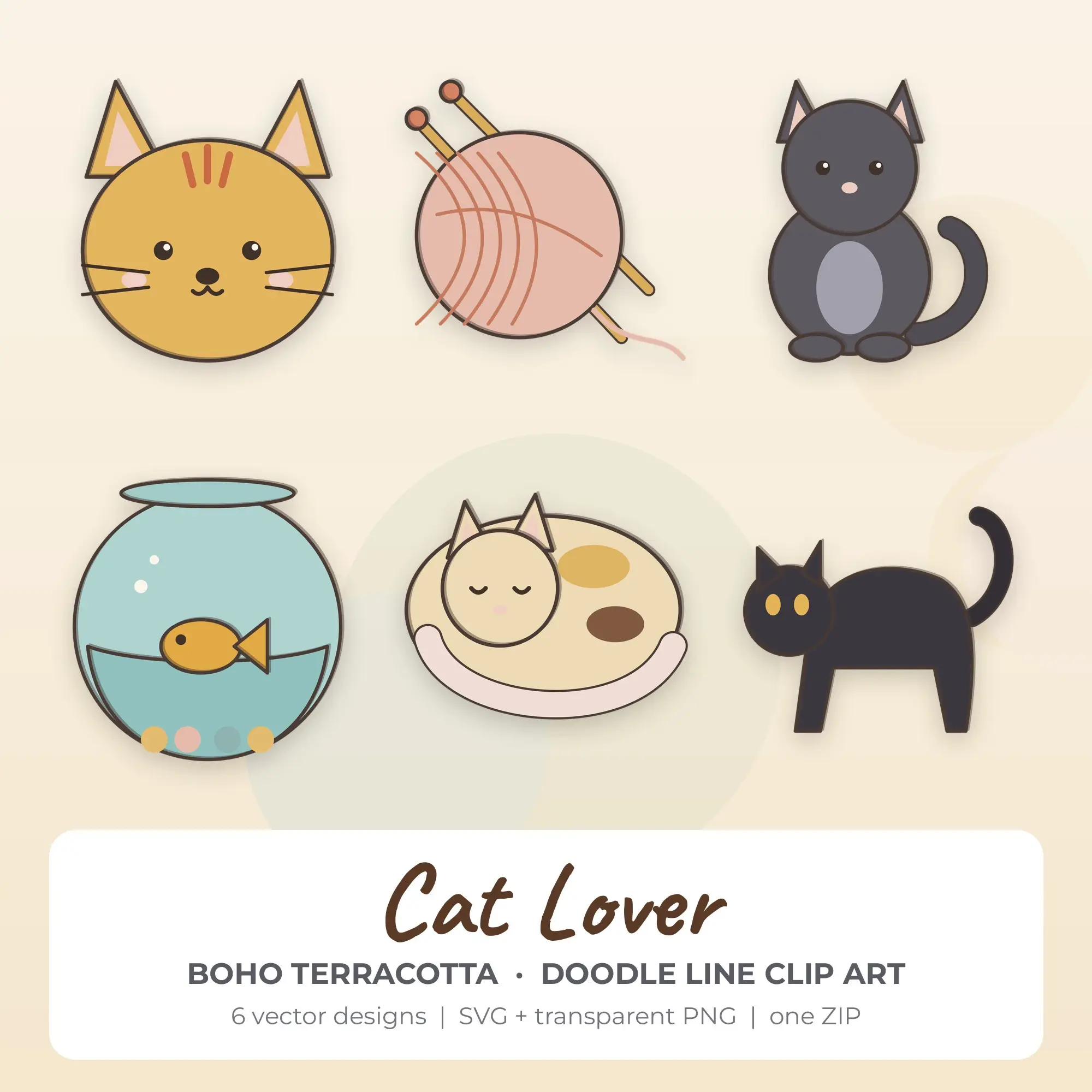 Cat Lover Clipart, Boho Terracotta Doodle Line - 6 SVG PNG preview