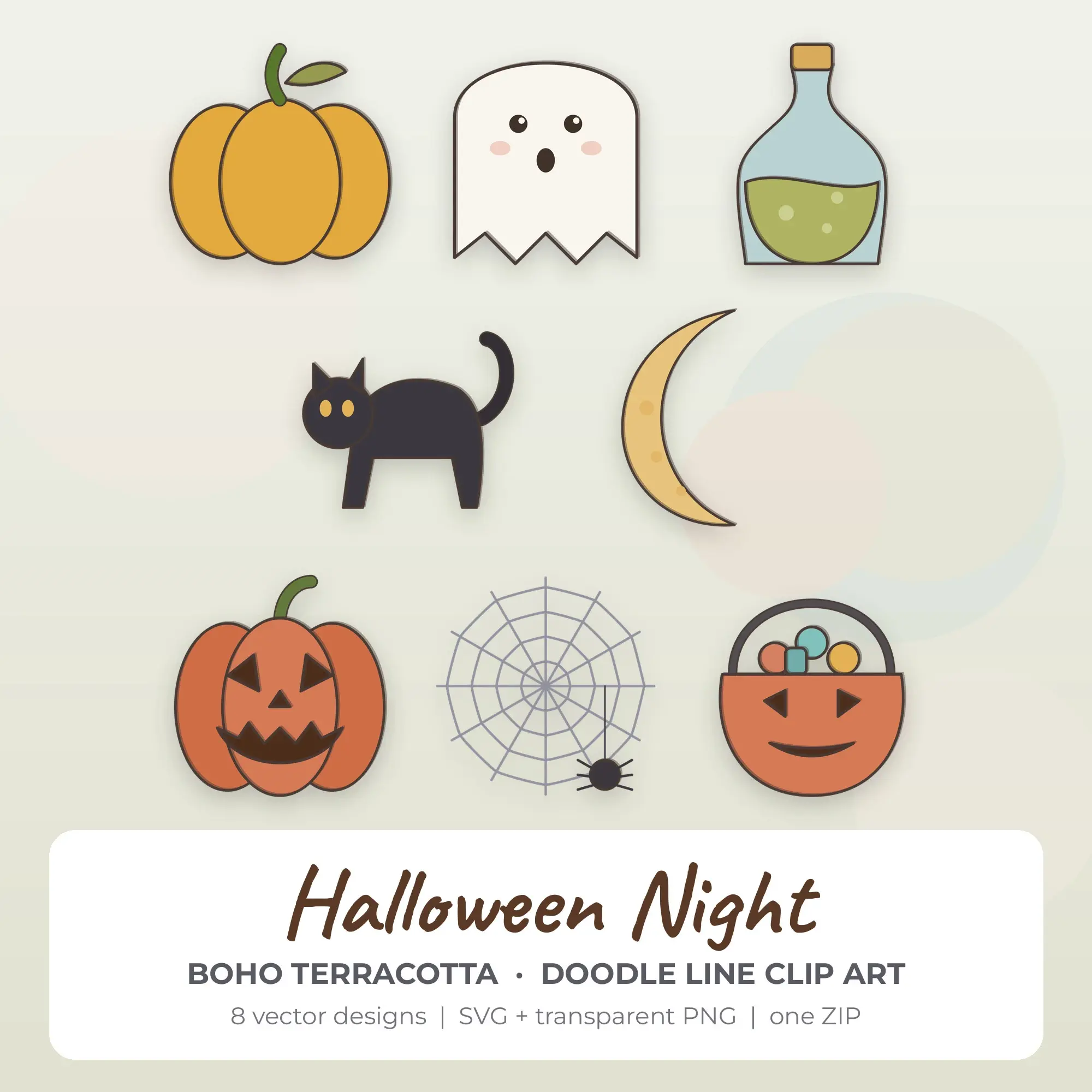 Boho Terracotta Halloween Night Clip Art Set - 8 Vector SVG PNG preview