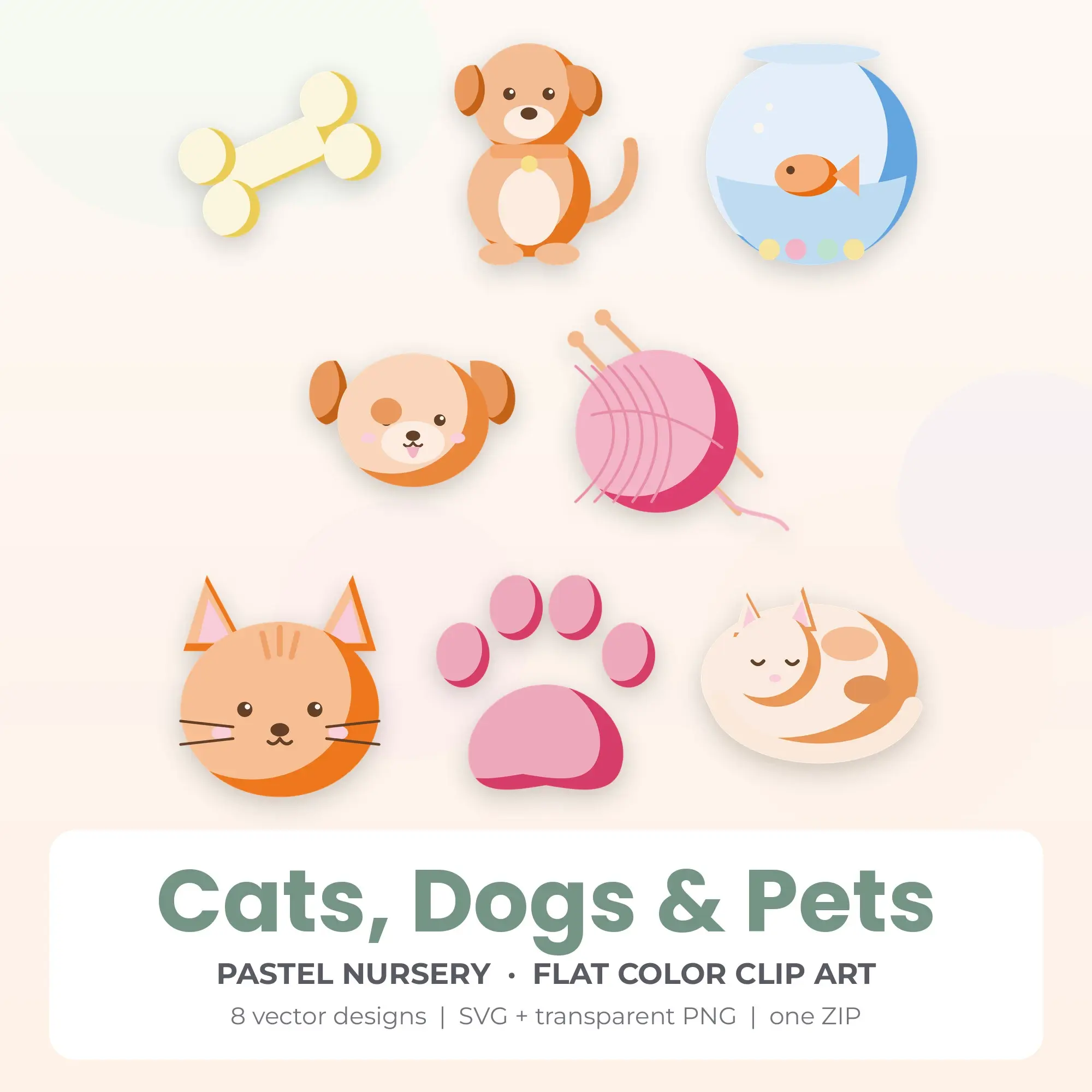 Cats, Dogs & Pets SVG Clipart Pack, Flat Color Style - 8 Designs preview