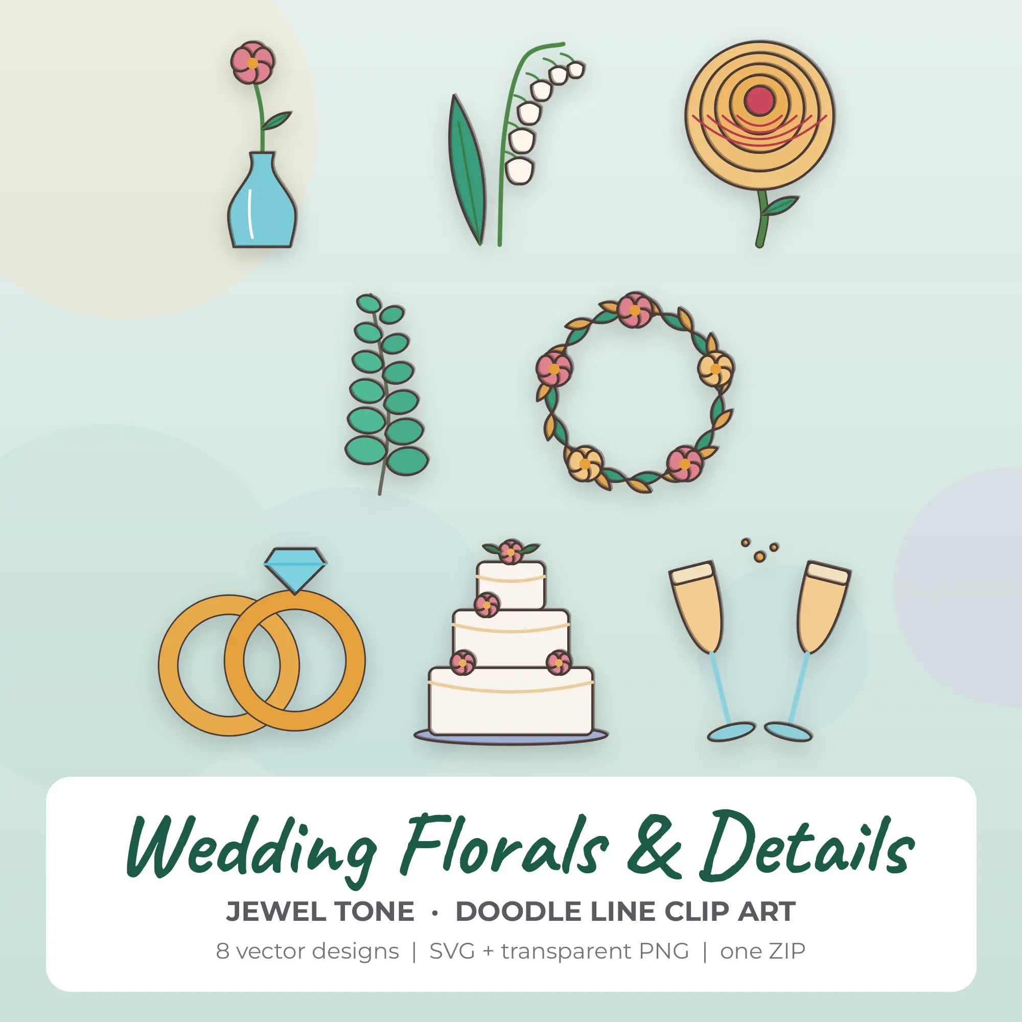 Wedding Florals & Details Vector Clip Art in Jewel Tone - 8 Designs, preview 1 of 2