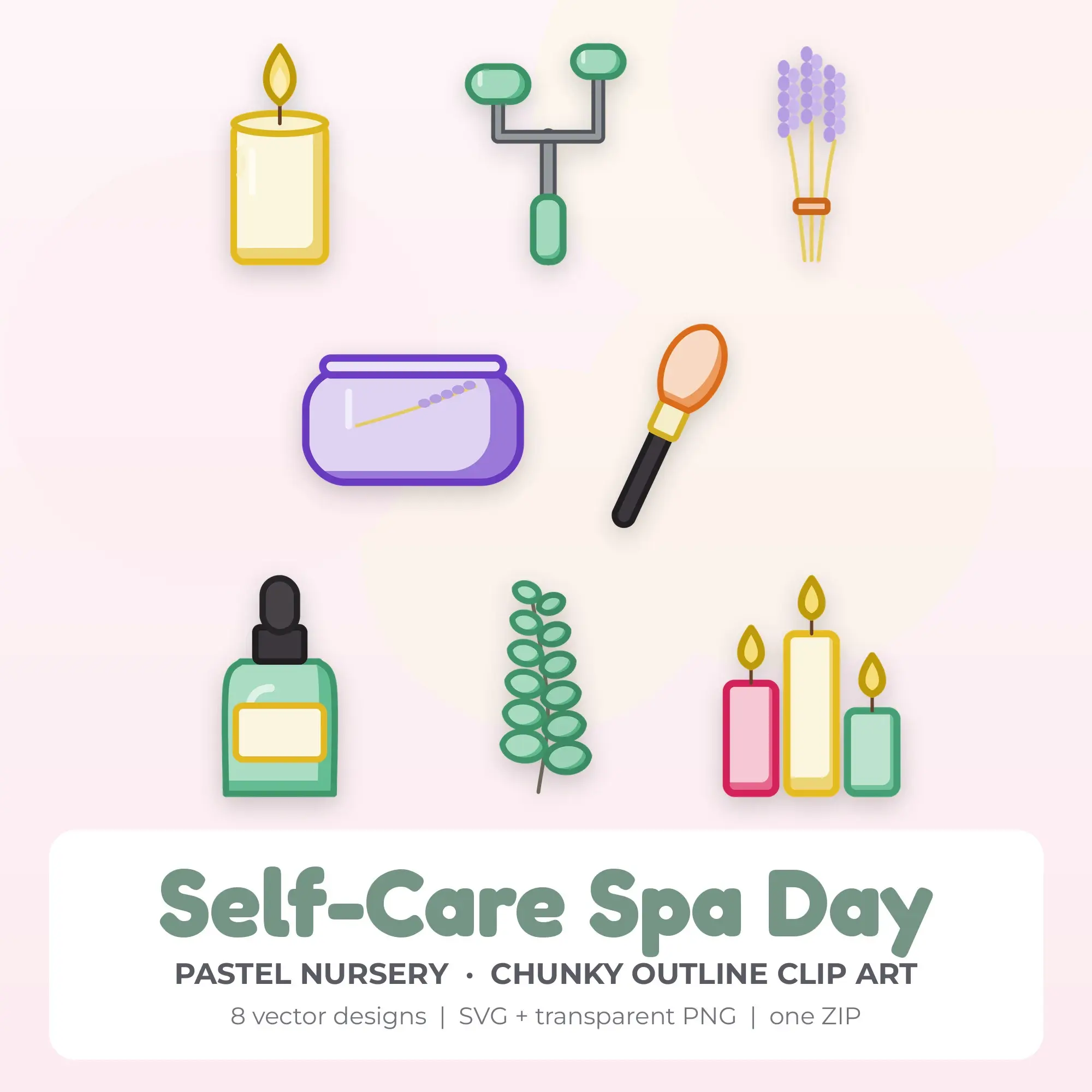 Self-Care Spa Day SVG Clipart Pack, Chunky Outline Style - 8 Designs preview