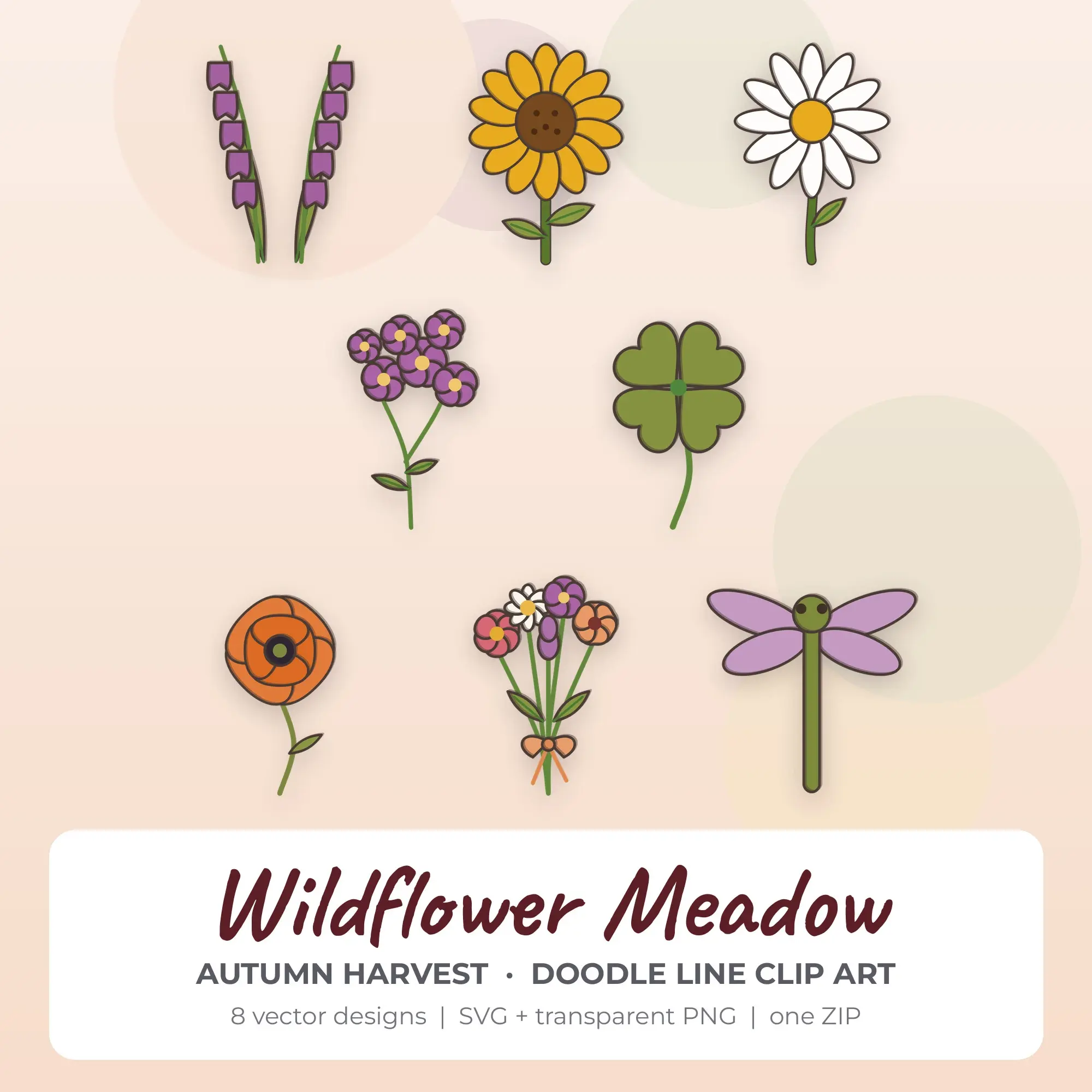 8 Doodle Line Wildflower Meadow Clipart Illustrations, SVG PNG preview