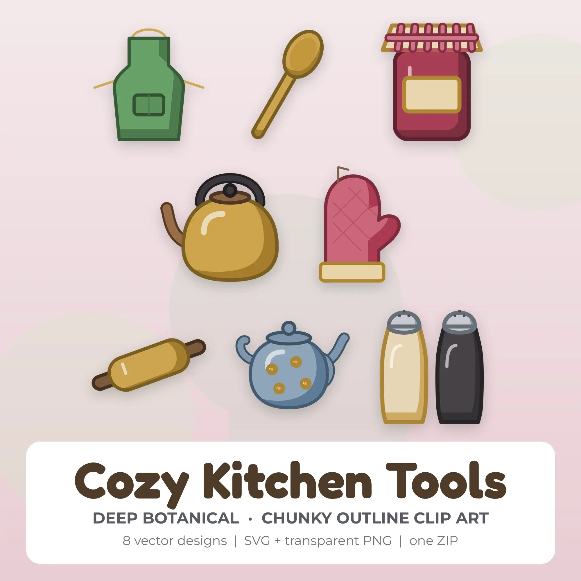 Cozy Kitchen Tools SVG Clipart Pack, Chunky Outline Style - 8 Designs preview