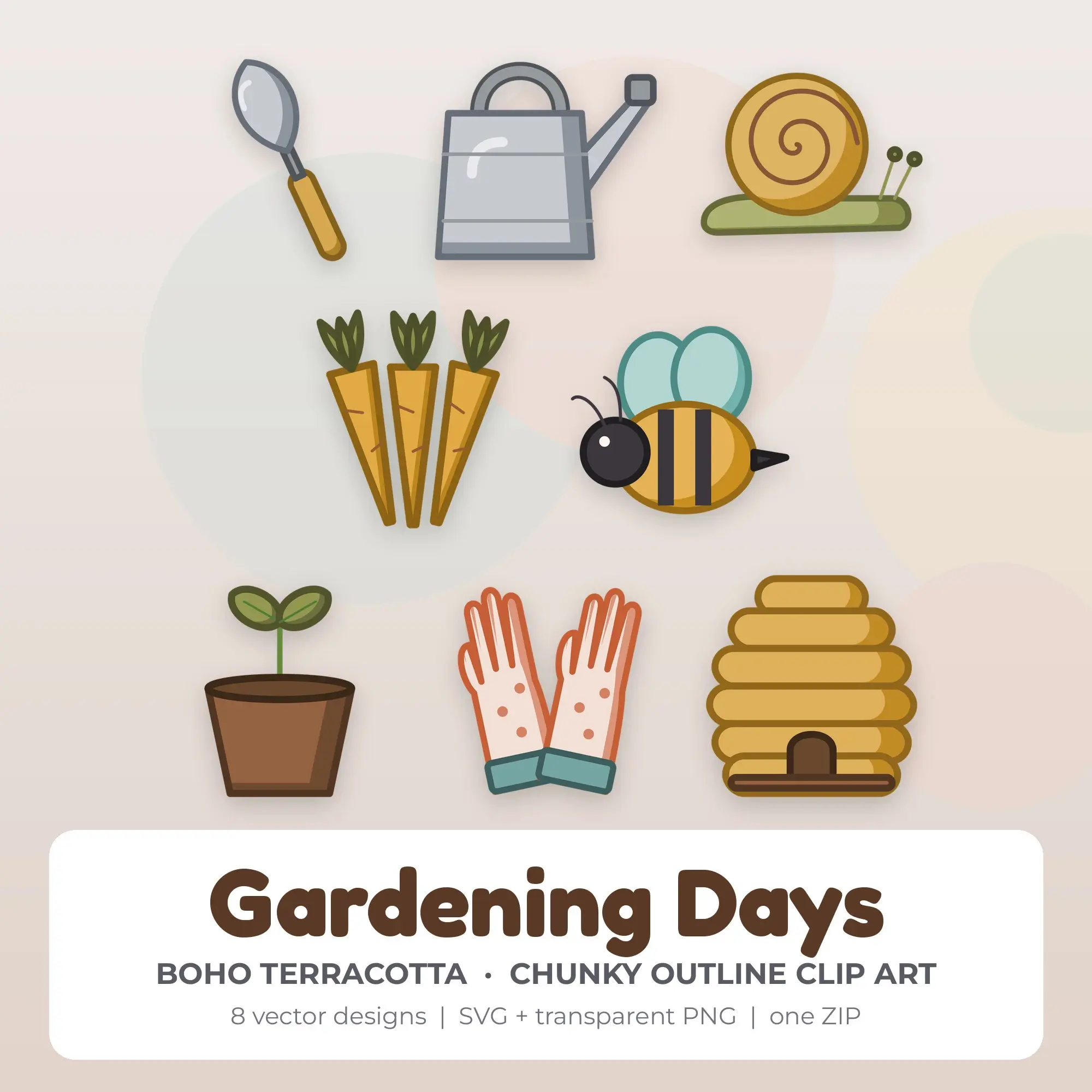 Gardening Days Clipart, Boho Terracotta Chunky Outline - 8 SVG PNG preview