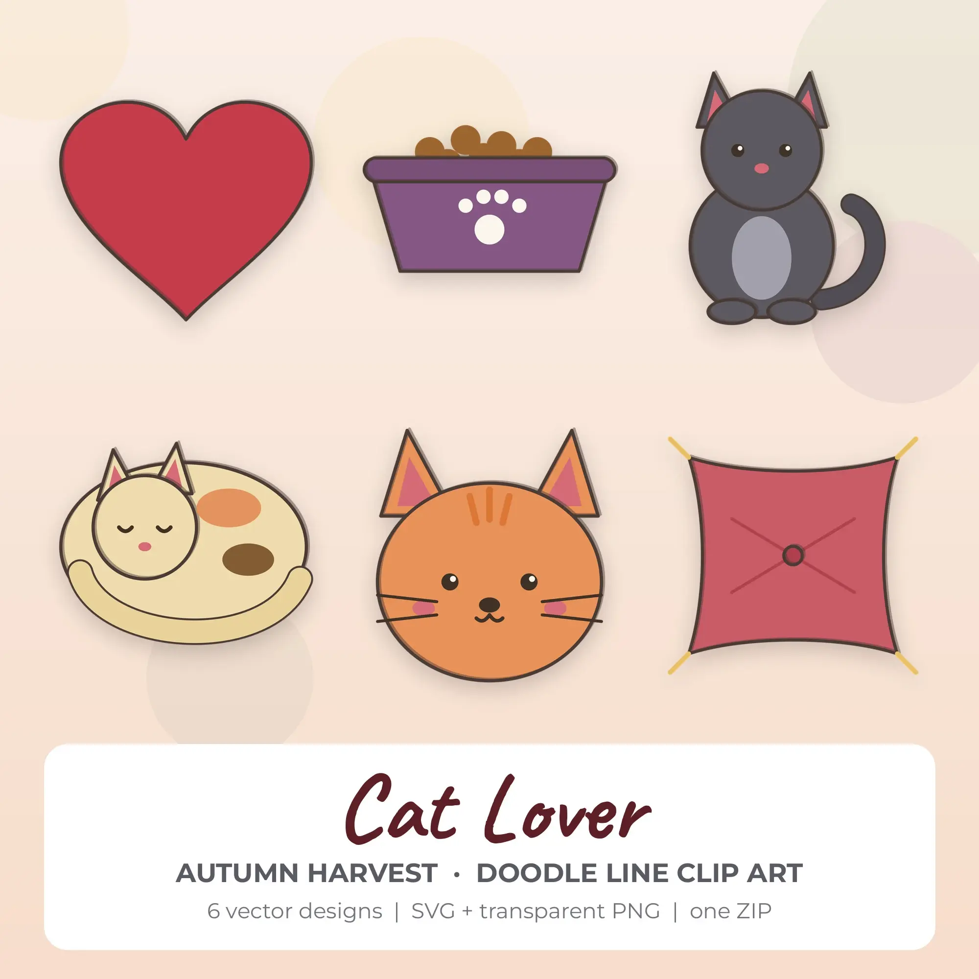 Cat Lover Clipart, Autumn Harvest Doodle Line - 6 SVG PNG preview