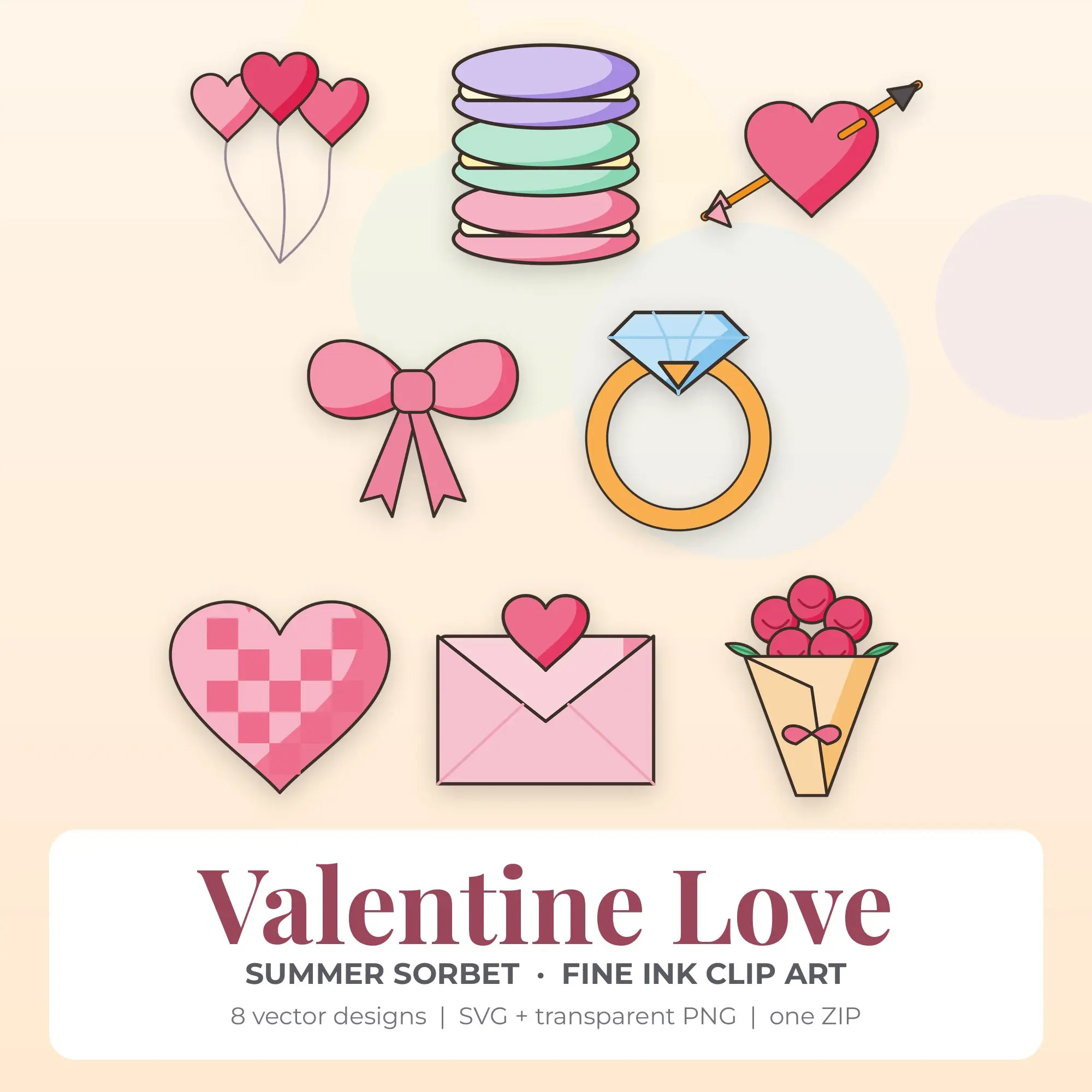 Fine Ink Valentine Love Clipart Bundle, Summer Sorbet - 8 PNG SVG preview