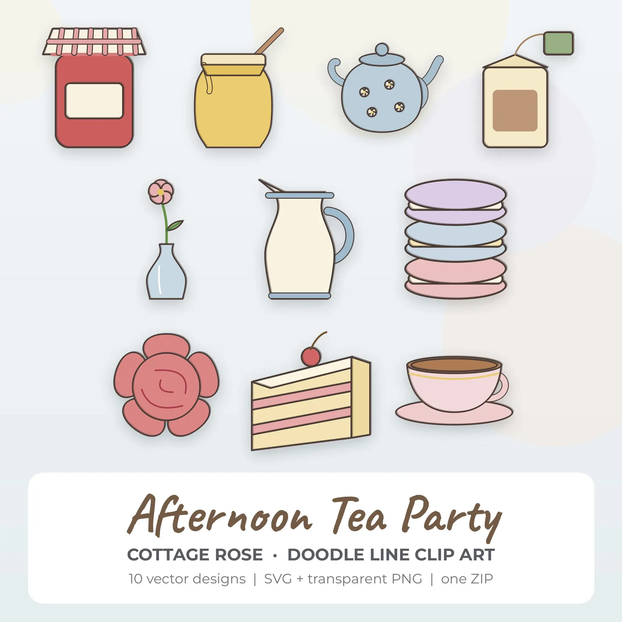 Cottage Rose Doodle Line Afternoon Tea Party Clipart - 10 Vector Files preview