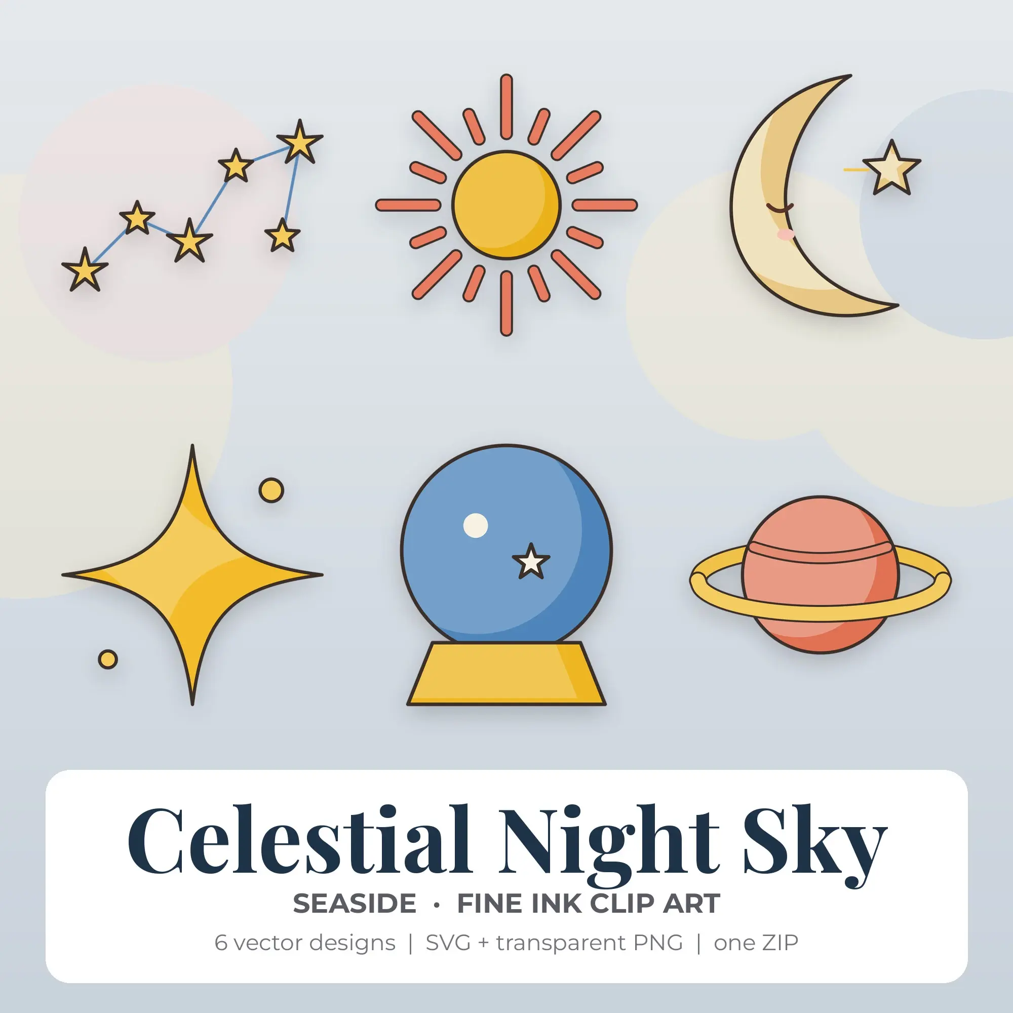 Fine Ink Celestial Night Sky Clipart Bundle, Seaside - 6 PNG SVG preview
