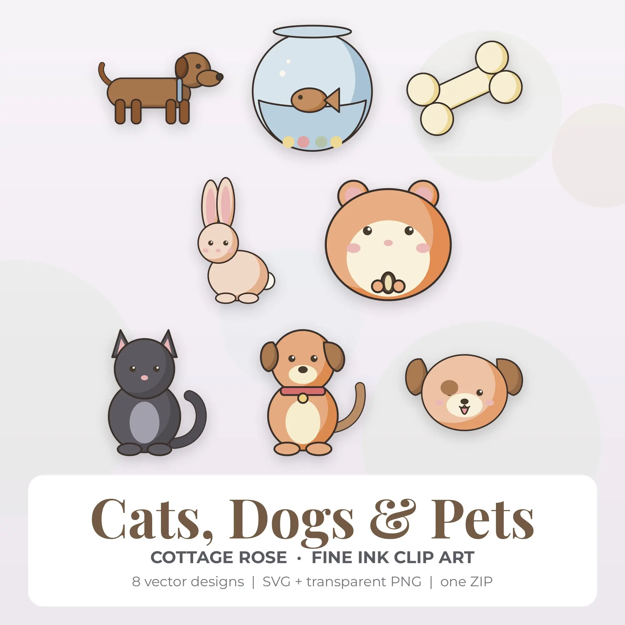 Cats, Dogs & Pets Vector Clip Art in Cottage Rose - 8 Designs preview