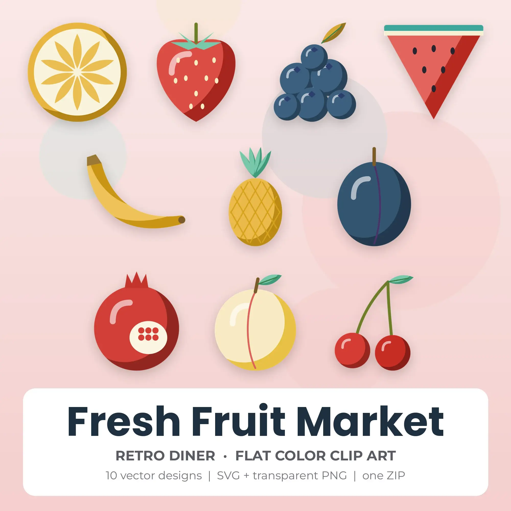 Retro Diner Flat Color Fresh Fruit Market Clipart - 10 Vector Files preview