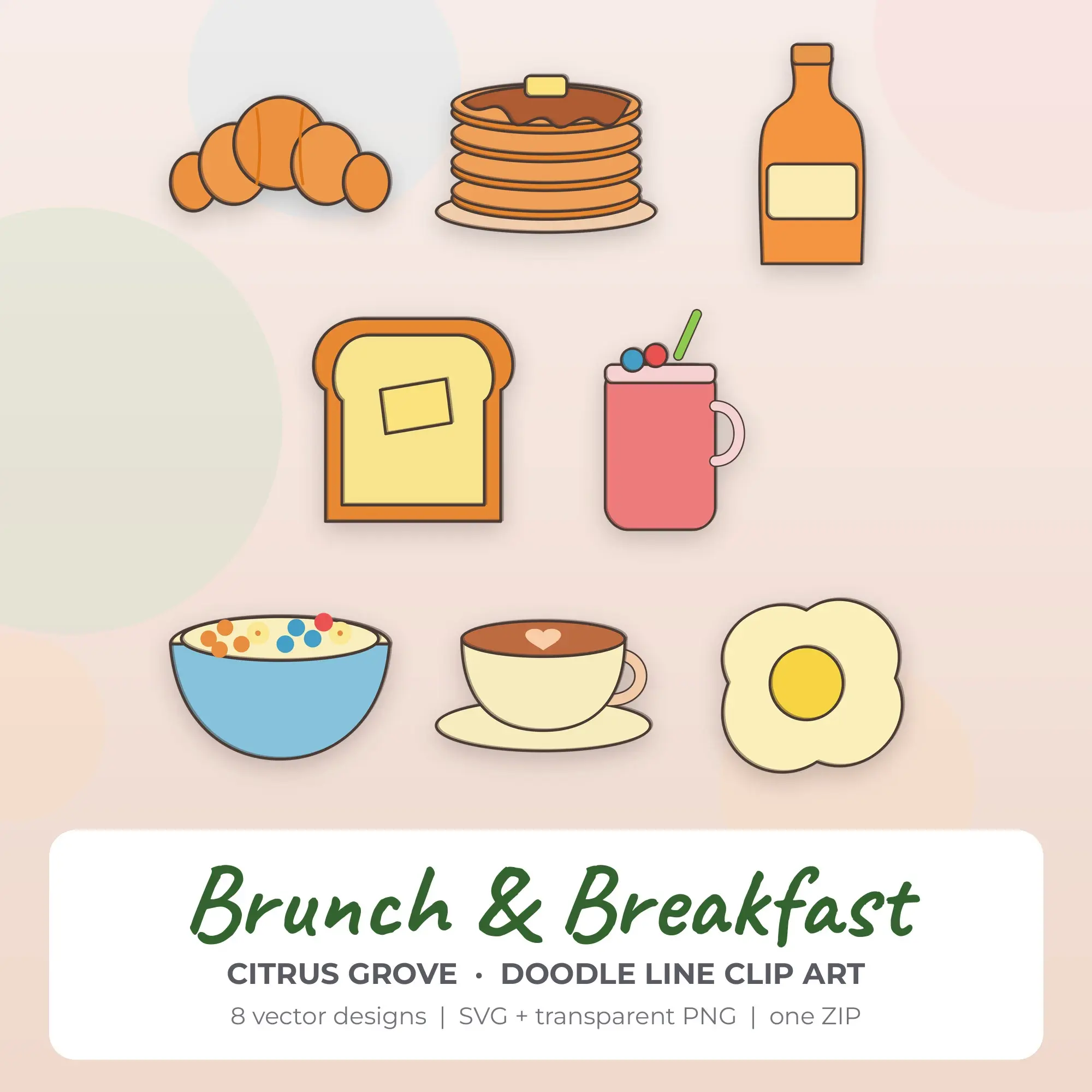 8 Doodle Line Brunch & Breakfast Clipart Illustrations, SVG PNG preview