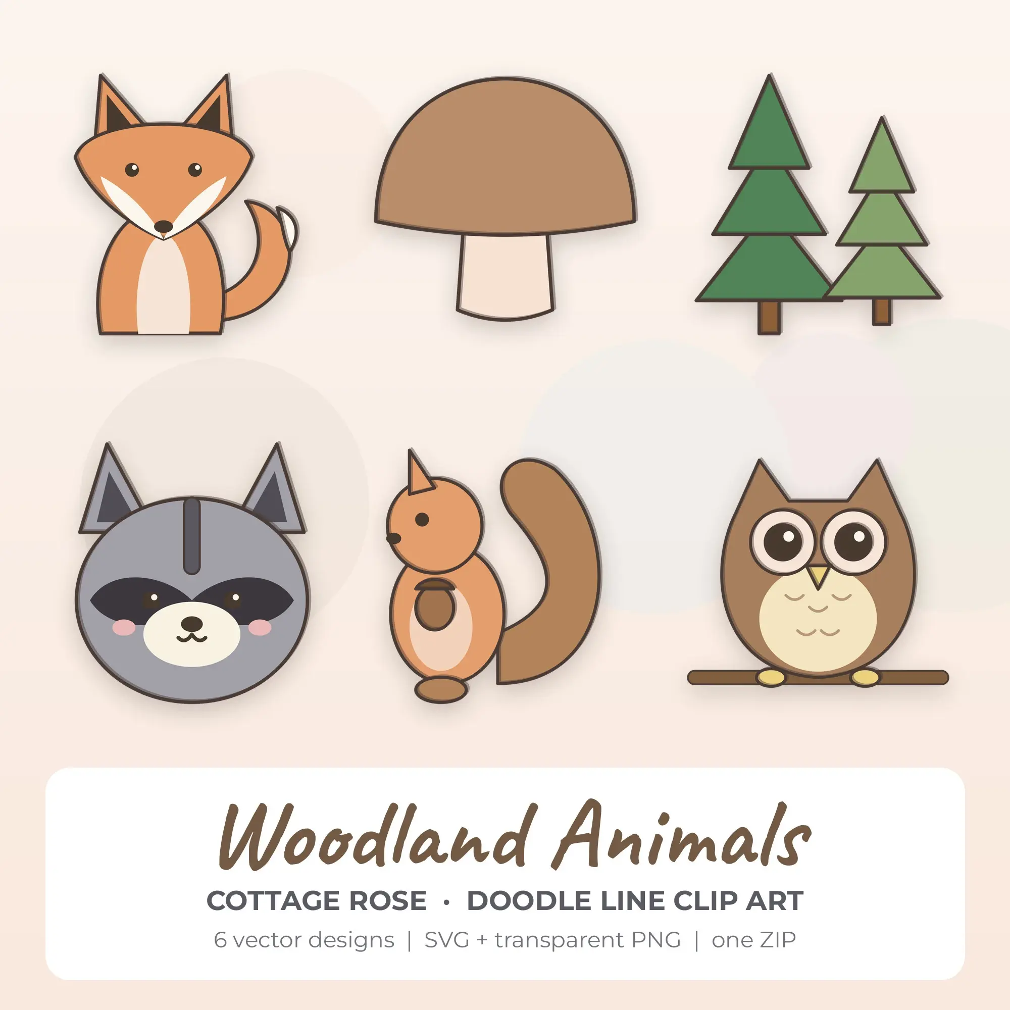Doodle Line Woodland Animals Clipart Bundle, Cottage Rose - 6 PNG SVG preview