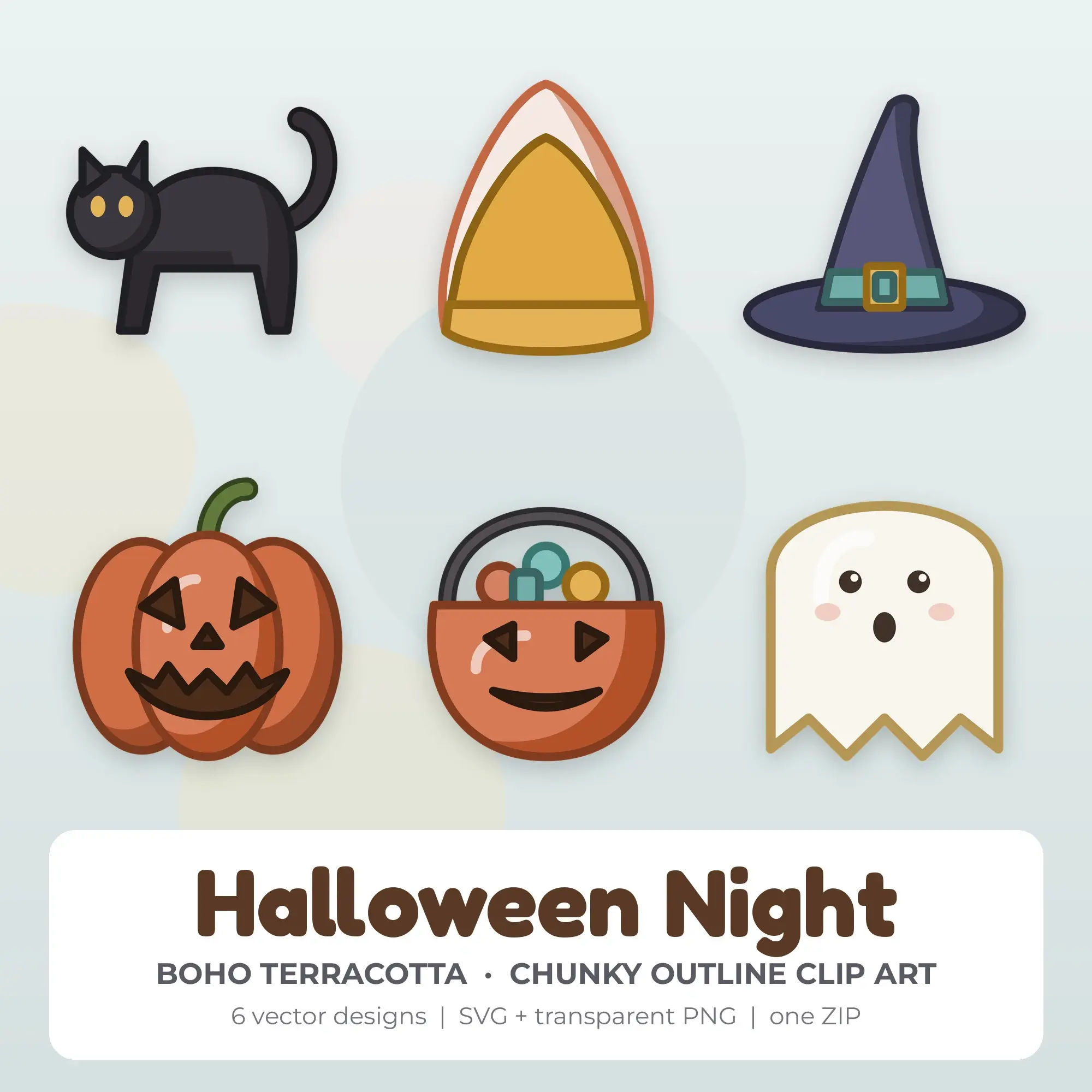 Halloween Night SVG Clipart Pack, Chunky Outline Style - 6 Designs preview