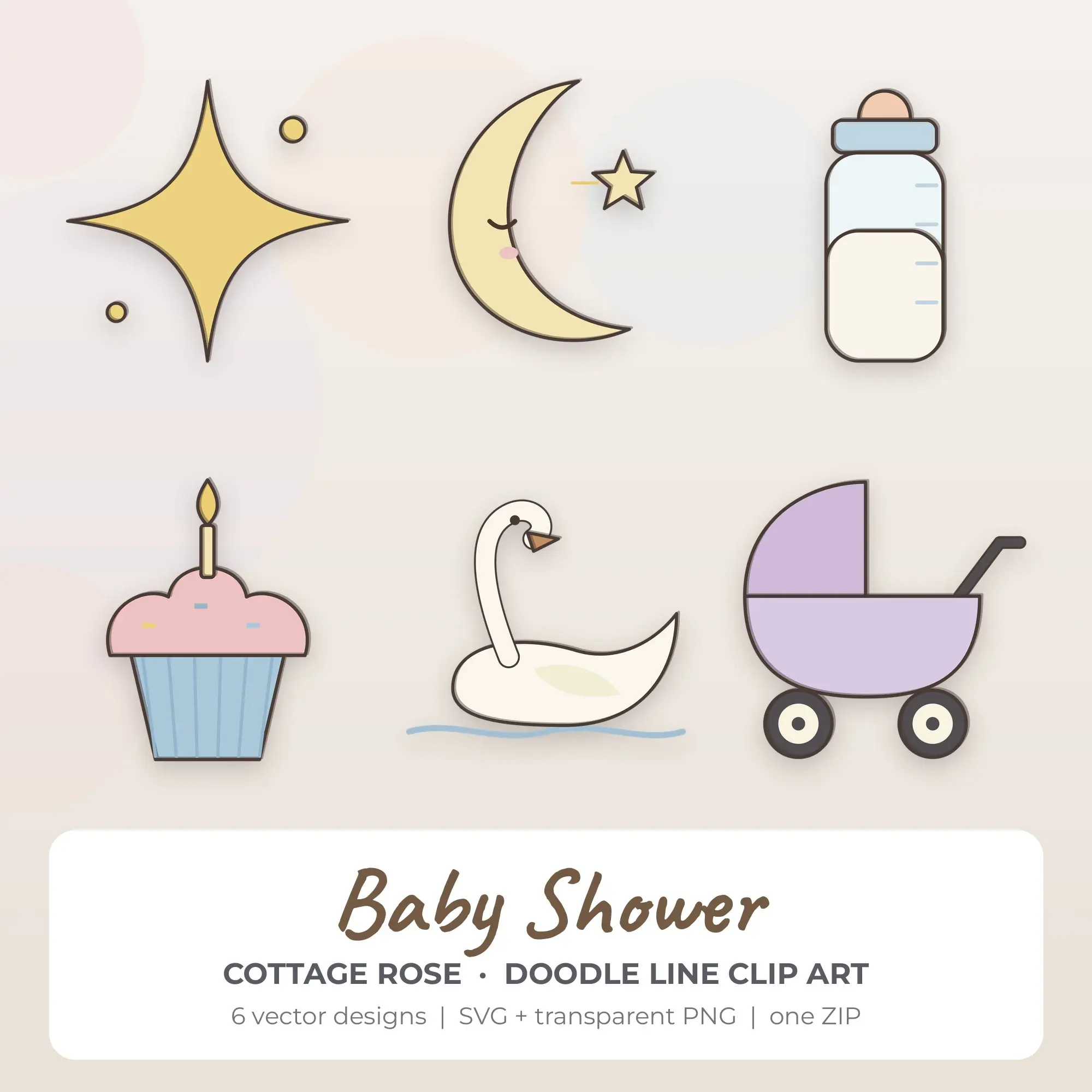 Baby Shower Clipart, Cottage Rose Doodle Line - 6 SVG PNG preview
