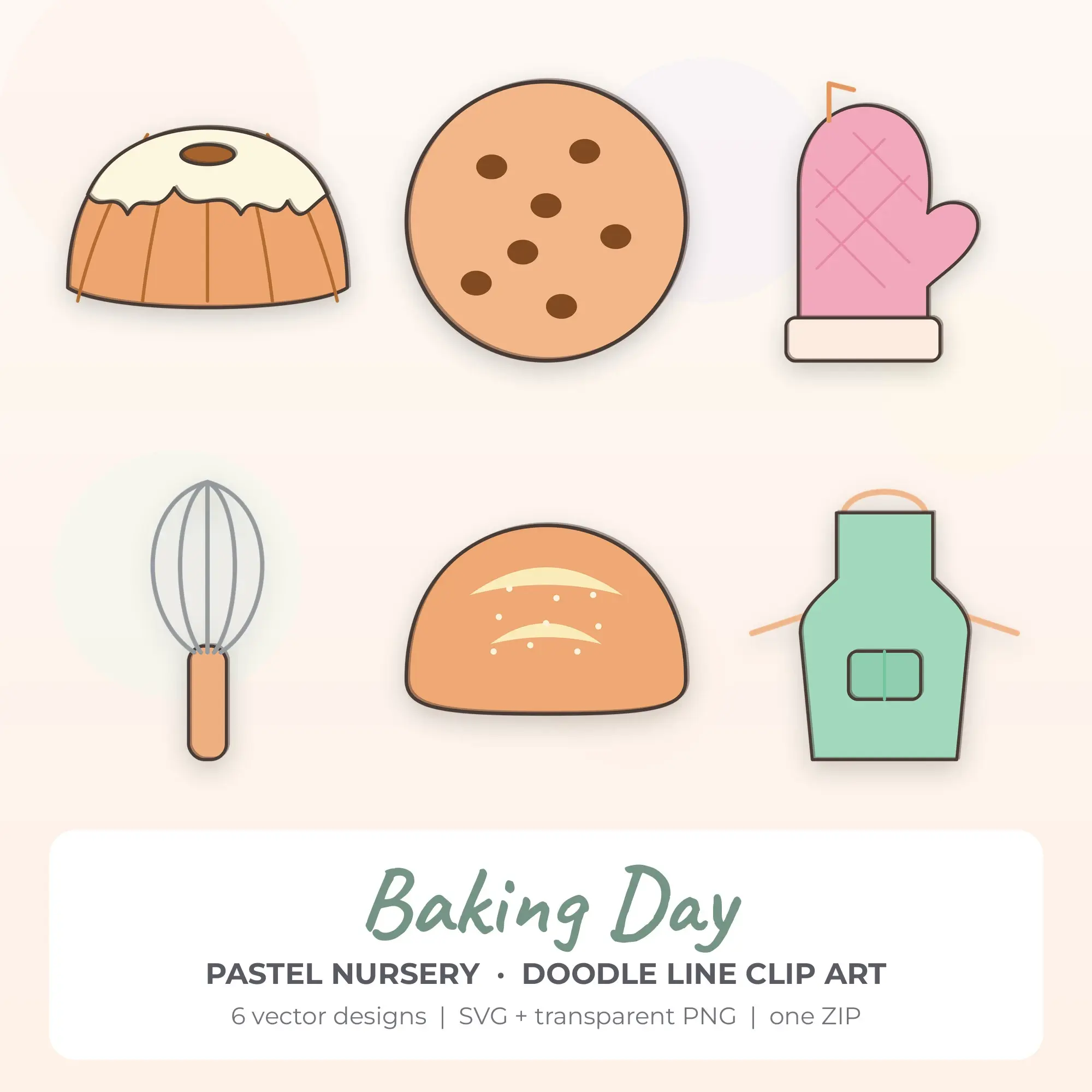 Baking Day Clipart, Pastel Nursery Doodle Line - 6 SVG PNG preview