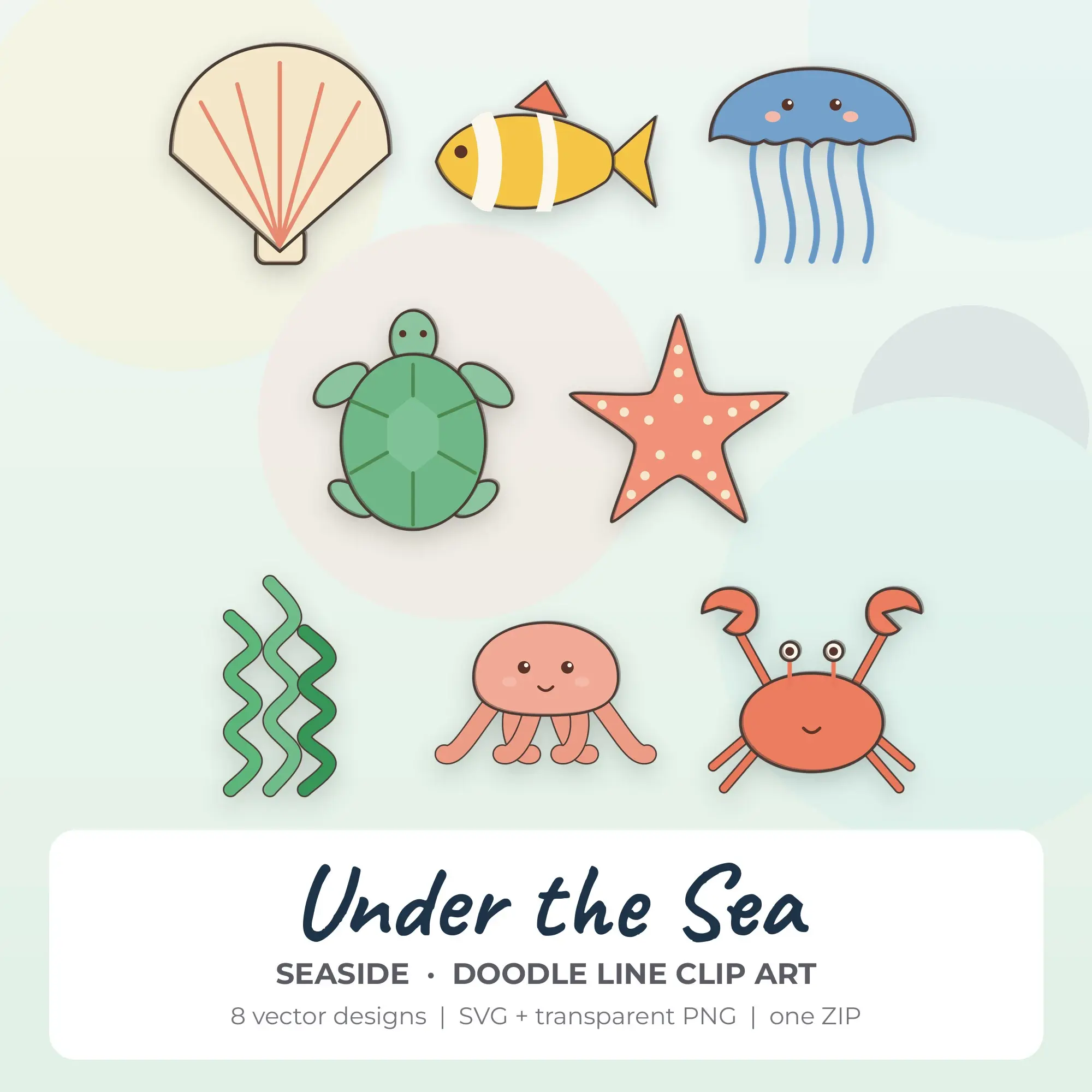 Under the Sea Clipart, Seaside Doodle Line - 8 SVG PNG preview