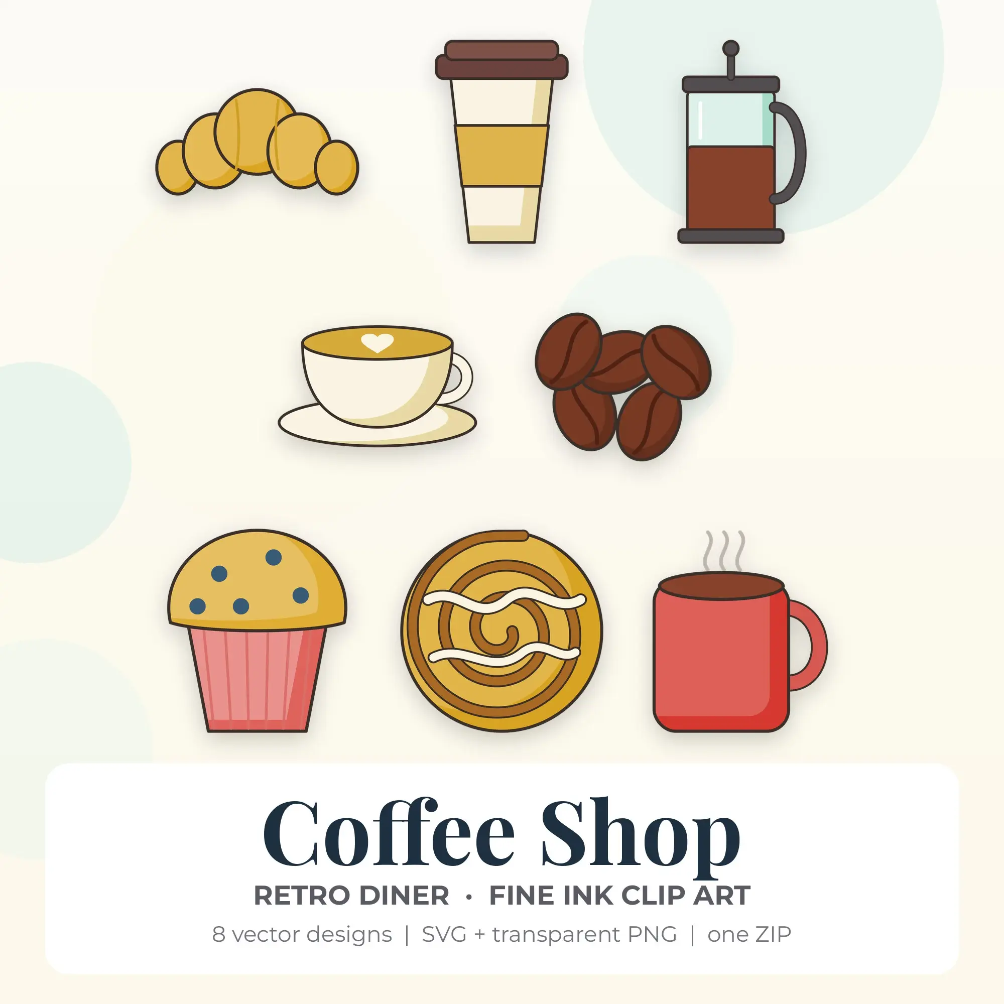 Coffee Shop Vector Clip Art in Retro Diner - 8 Designs preview