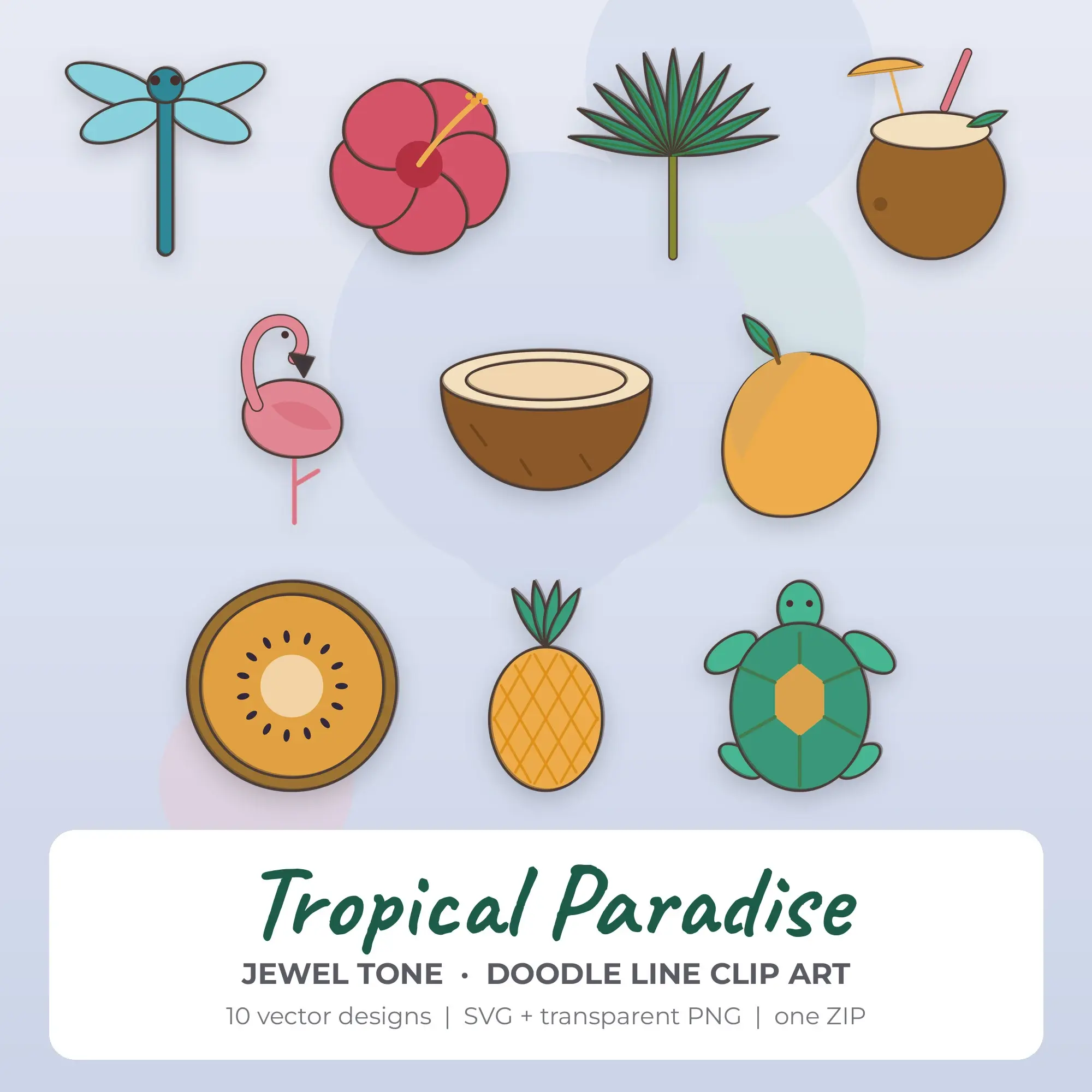 Jewel Tone Doodle Line Tropical Paradise Clipart - 10 Vector Files preview