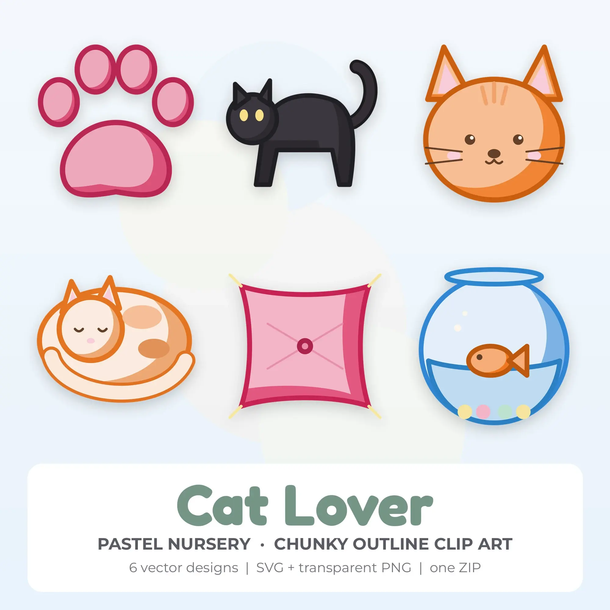 Pastel Nursery Cat Lover Clip Art Set - 6 Vector SVG PNG preview